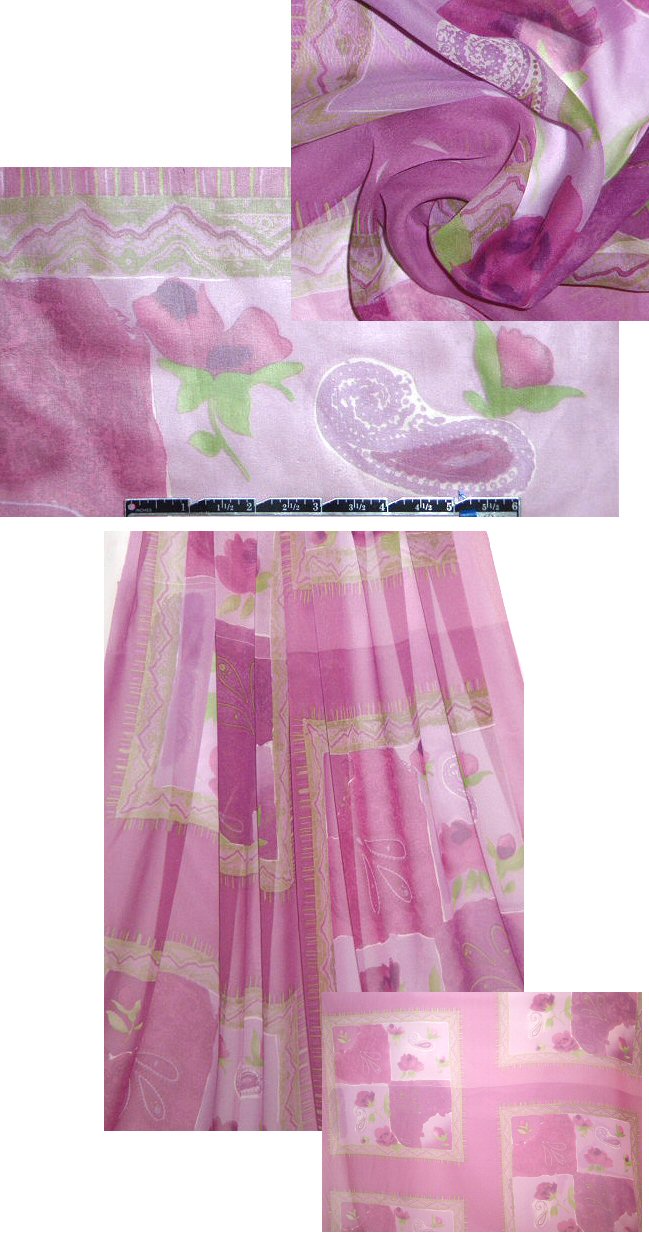 NY designer lilac/lime panel design silk chiffon 1.125 yds
