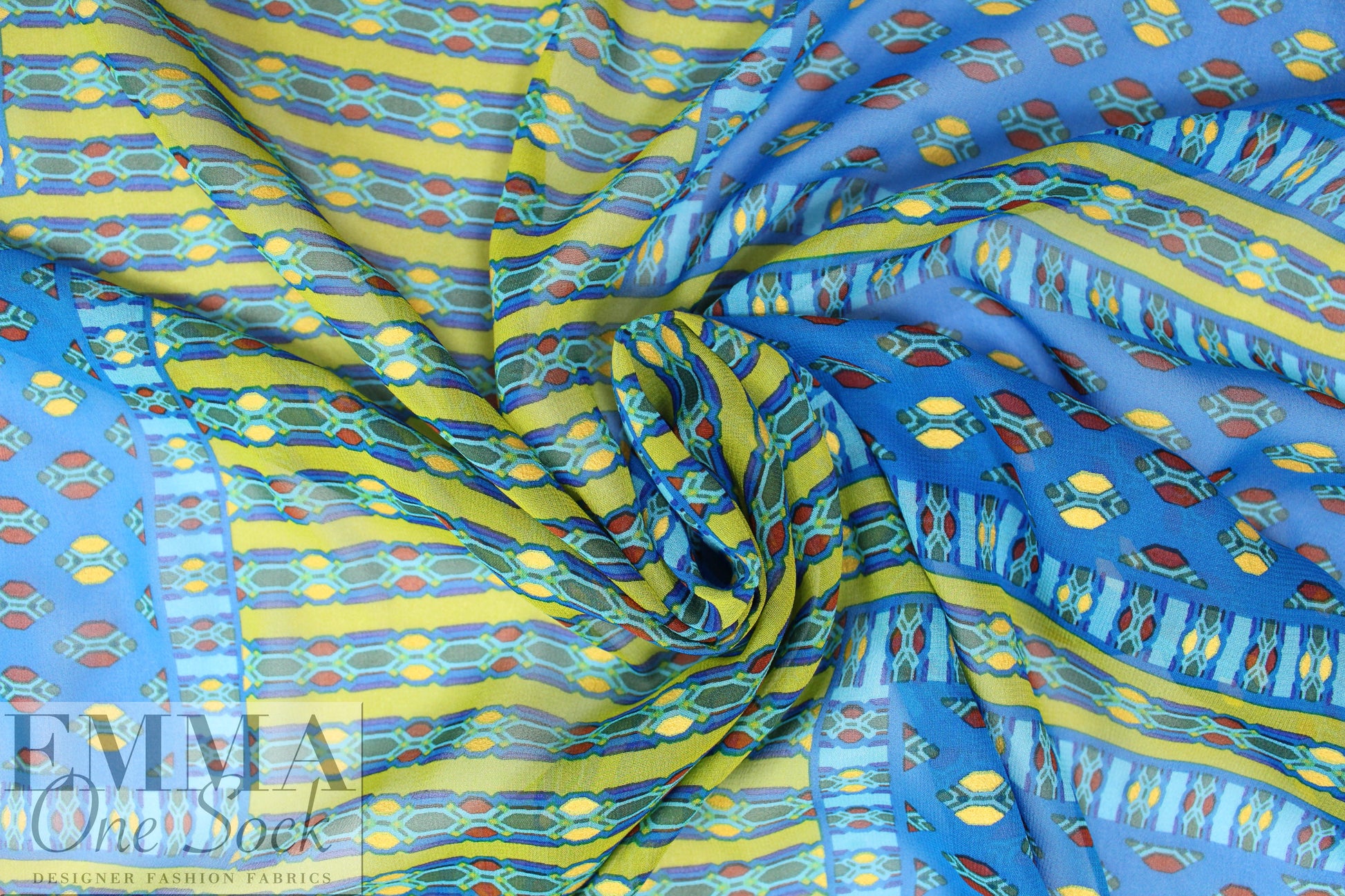 NY designer silk chiffon, blue/kiwi with 'gold leaf' 1.5 yd