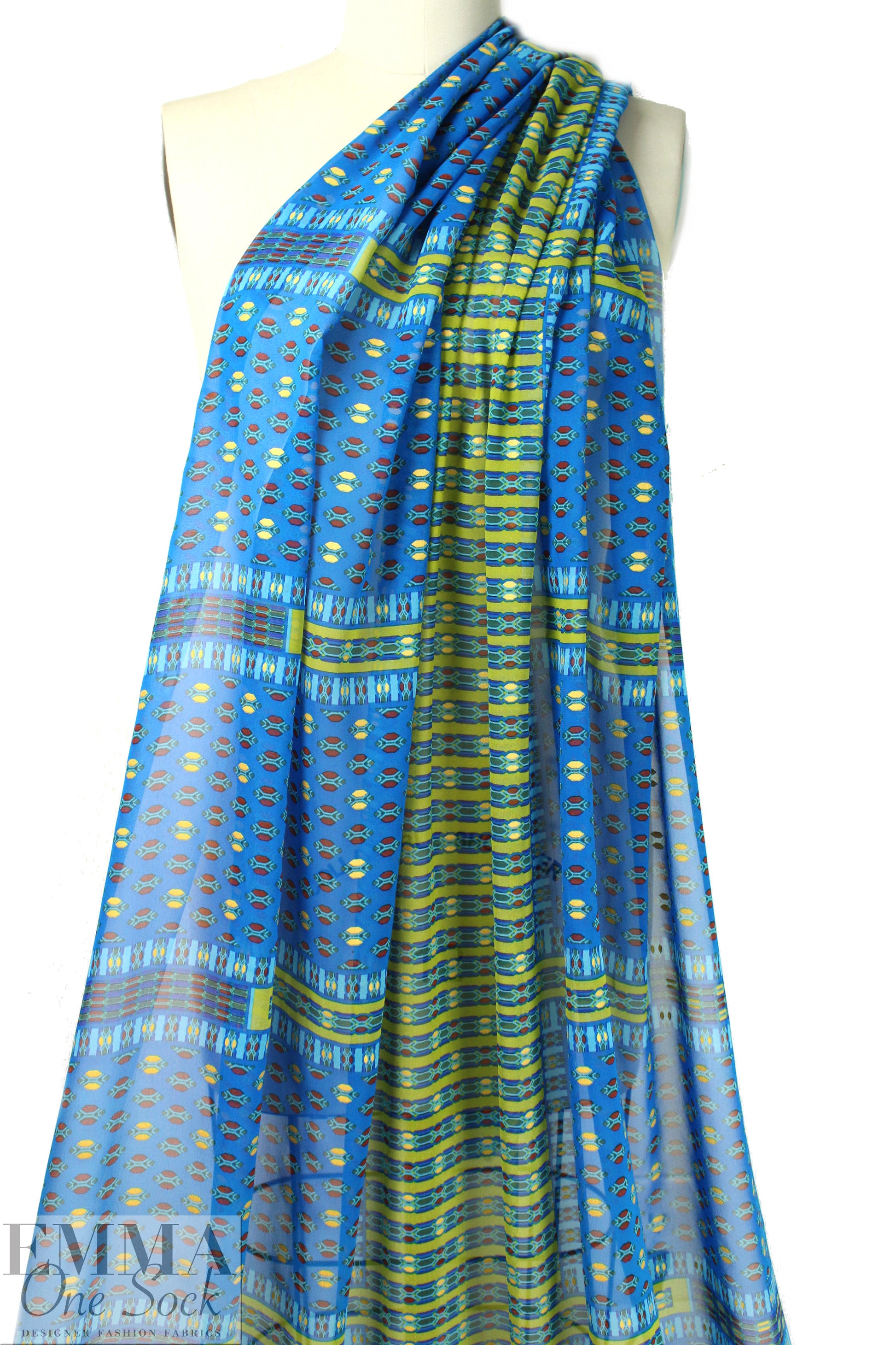 NY designer silk chiffon, blue/kiwi with 'gold leaf'