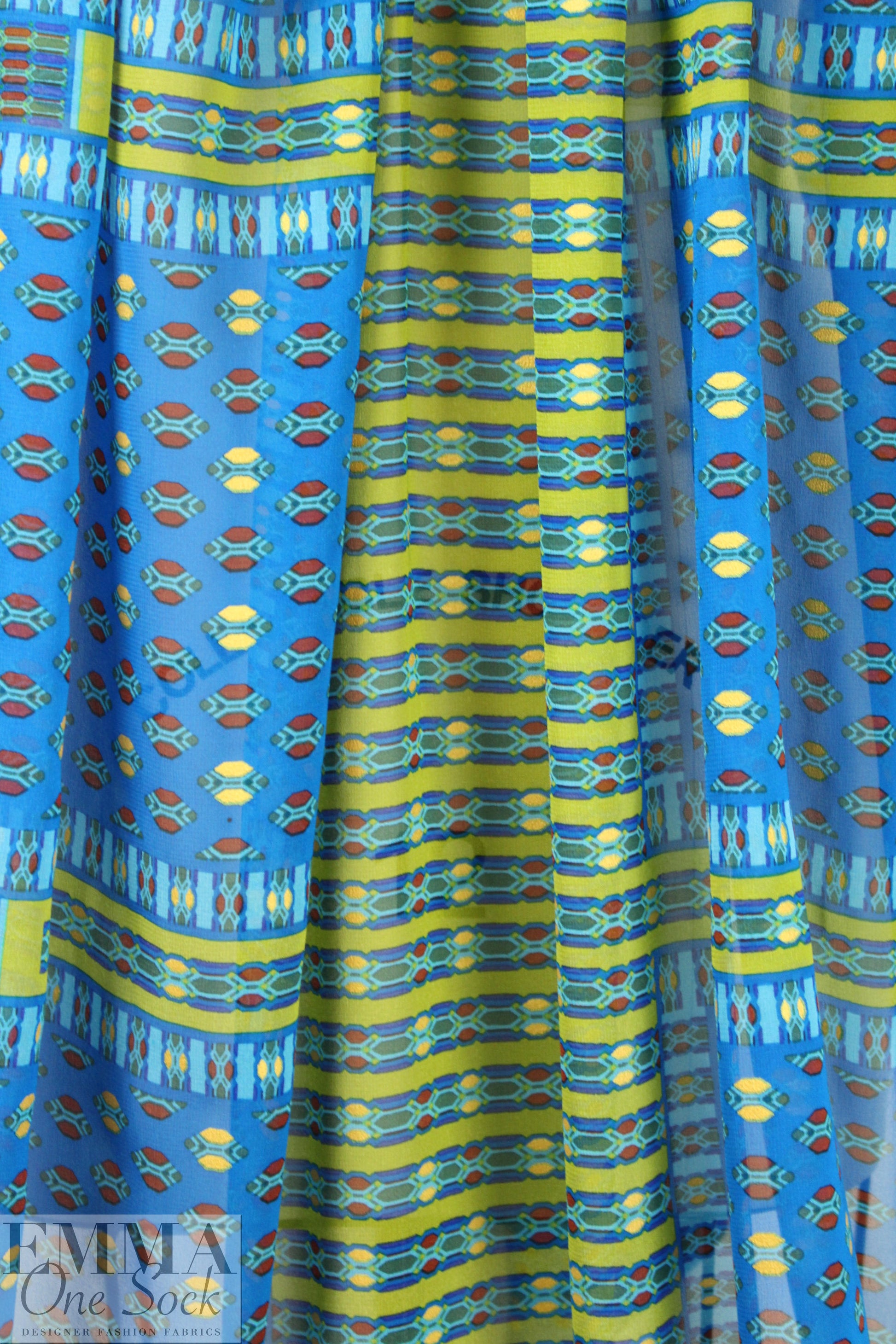 NY designer silk chiffon, blue/kiwi with 'gold leaf' 1.5 yd