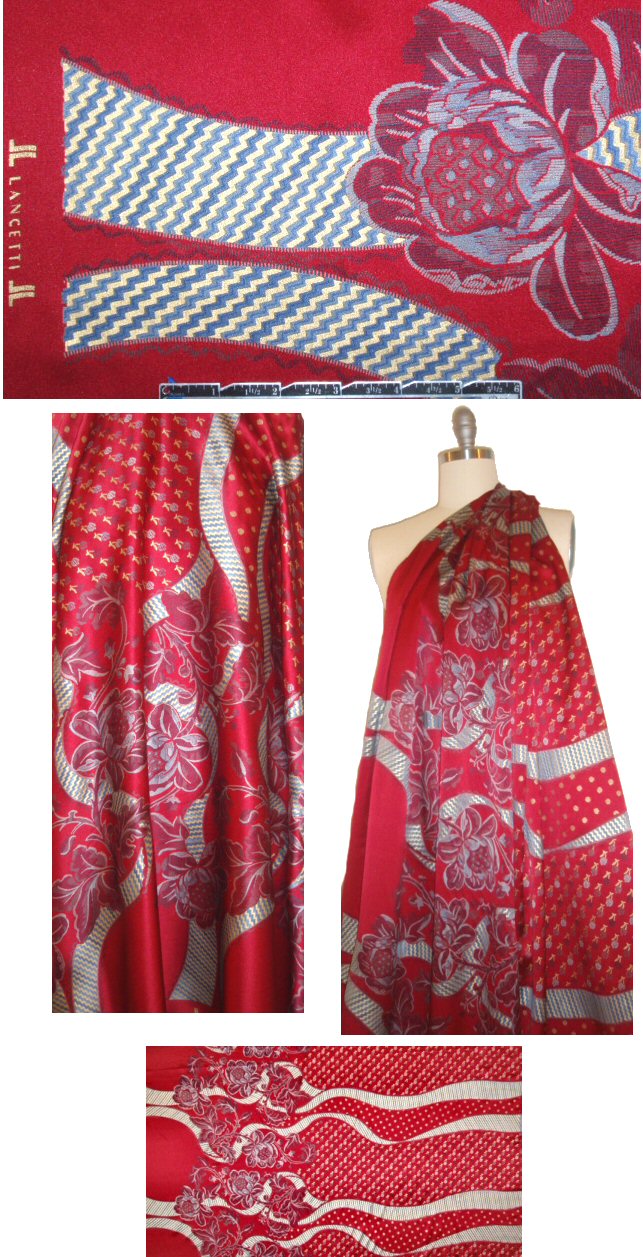 Italian 'gold leaf'/claret flower design bordered silk woven
