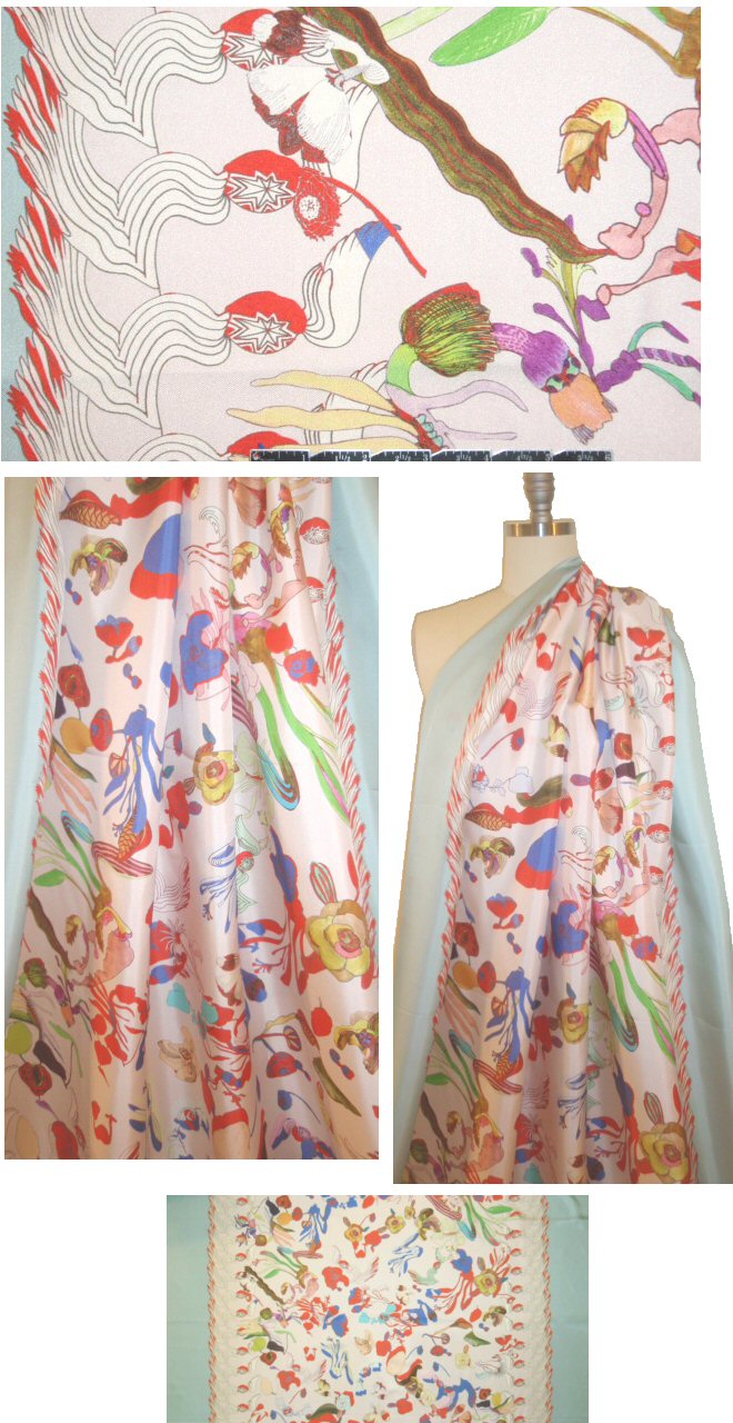 Italian surreal flowers double border print silk twill 1.375 yd