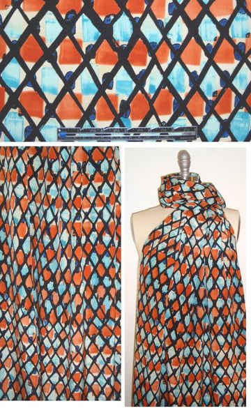 NY designer tangerine/aqua lattice graphic silk CDC