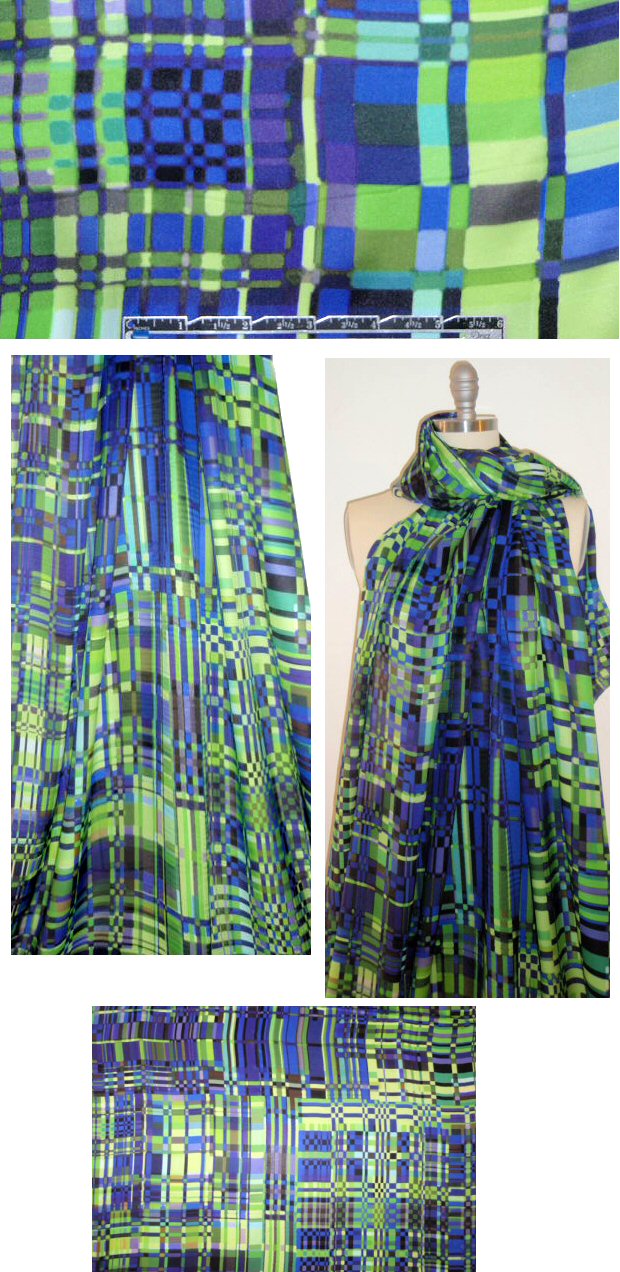 Italian blue/green techno plaid silk crepe de chine 1.5 yd
