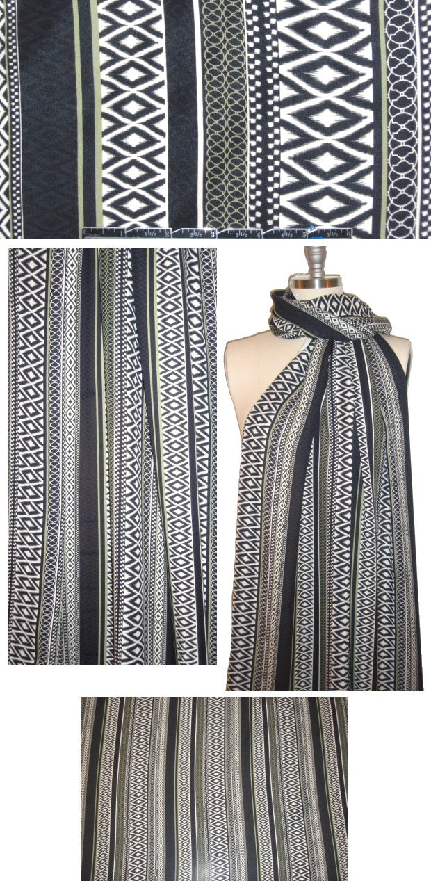 NY designer blk/wht/loden graphic silk blousewieght 1.625 yd
