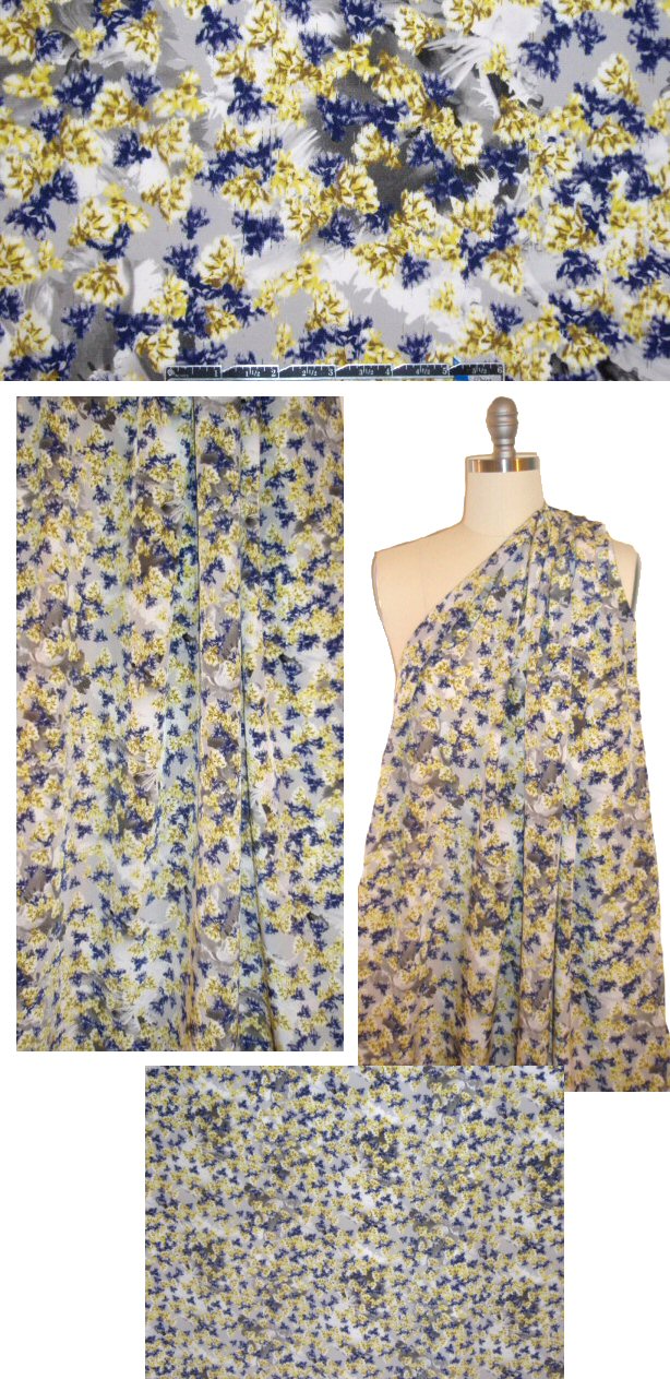 Italian lemon/indigo/gray floral silk crepe de chine