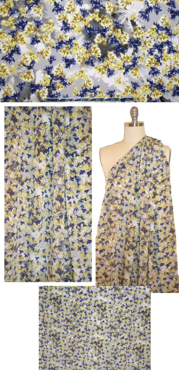 Italian lemon/indigo/gray floral silk crepe de chine