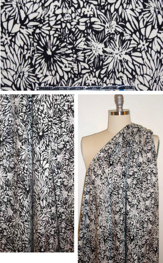 NY designer black/white floral silk broadcloth 1.25 yd