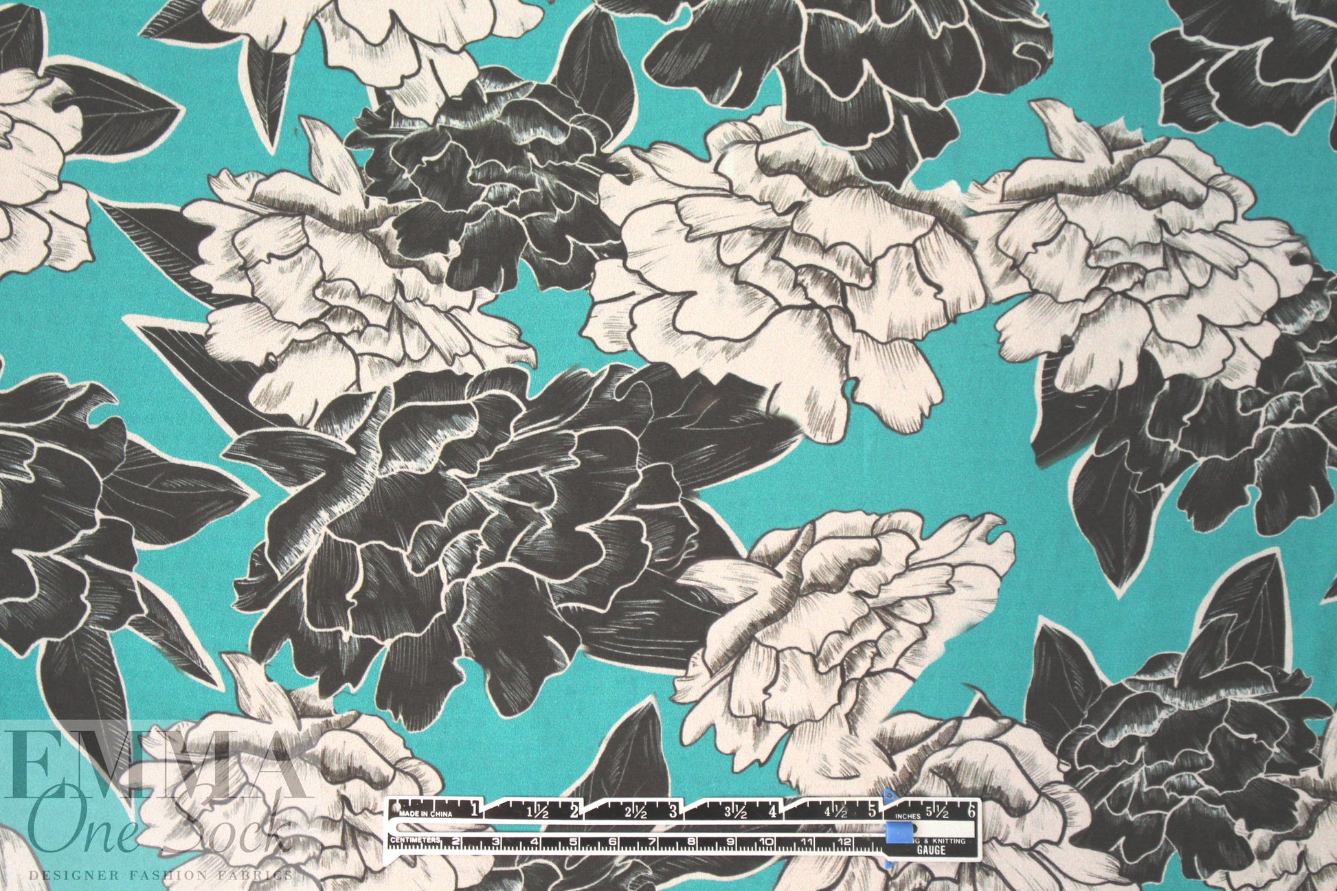 CA designer black/gray/teal floral silk charmeuse .875 yds
