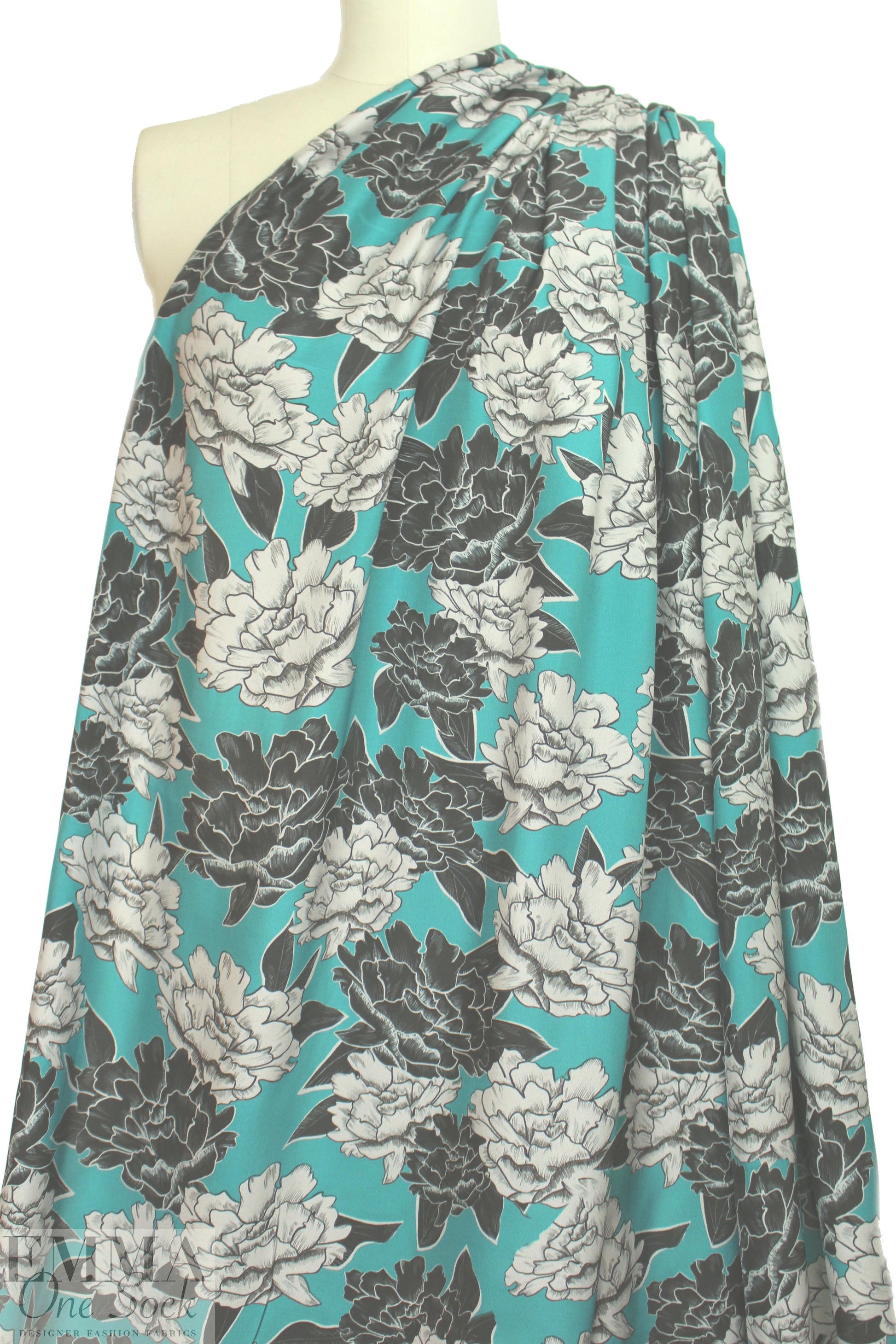 CA designer black/gray/teal floral silk charmeuse .875 yds