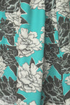 CA designer black/gray/teal floral silk charmeuse .875 yds