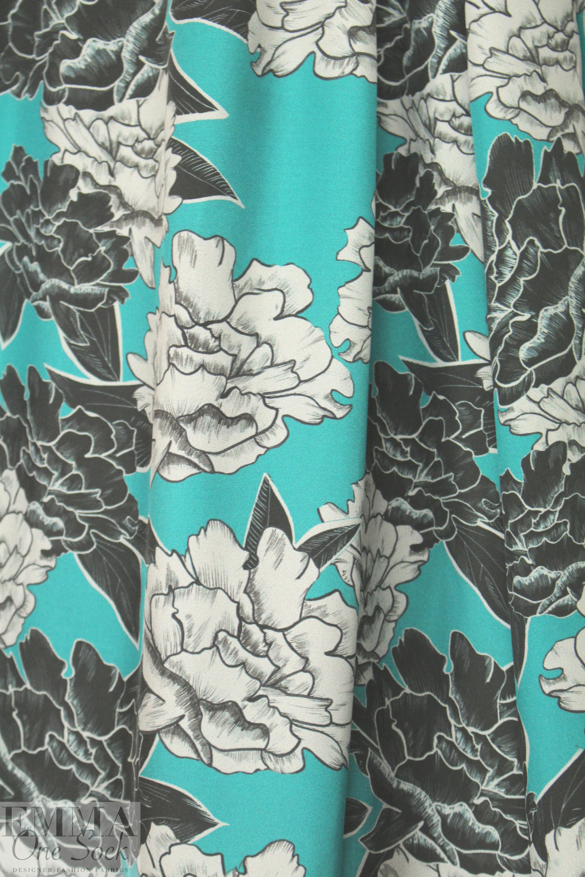 CA designer black/gray/teal floral silk charmeuse .875 yds