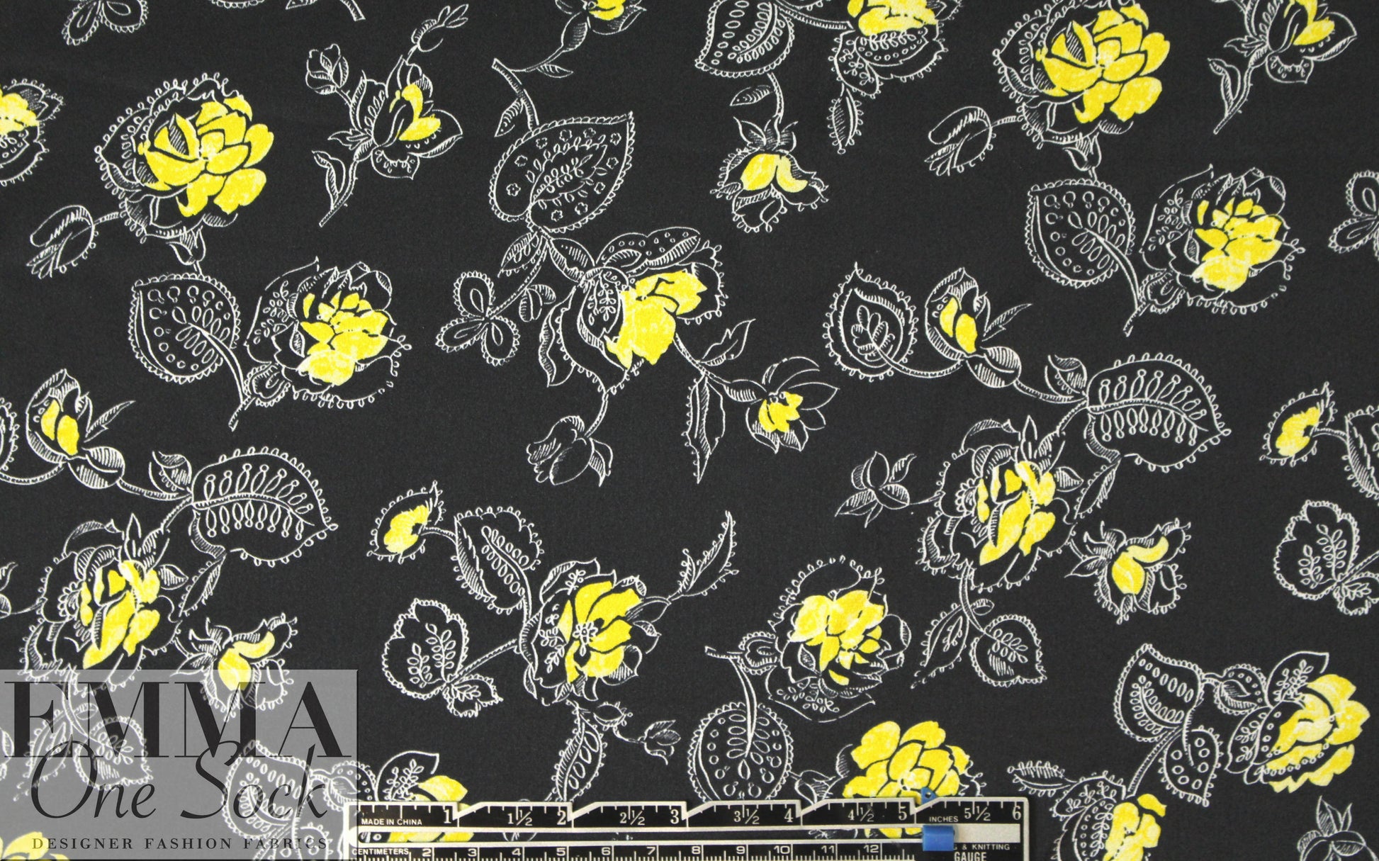 NY designer yellow flowers on black silk CDC 1.25 yds