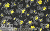 NY designer yellow flowers on black silk CDC 2.125 yd