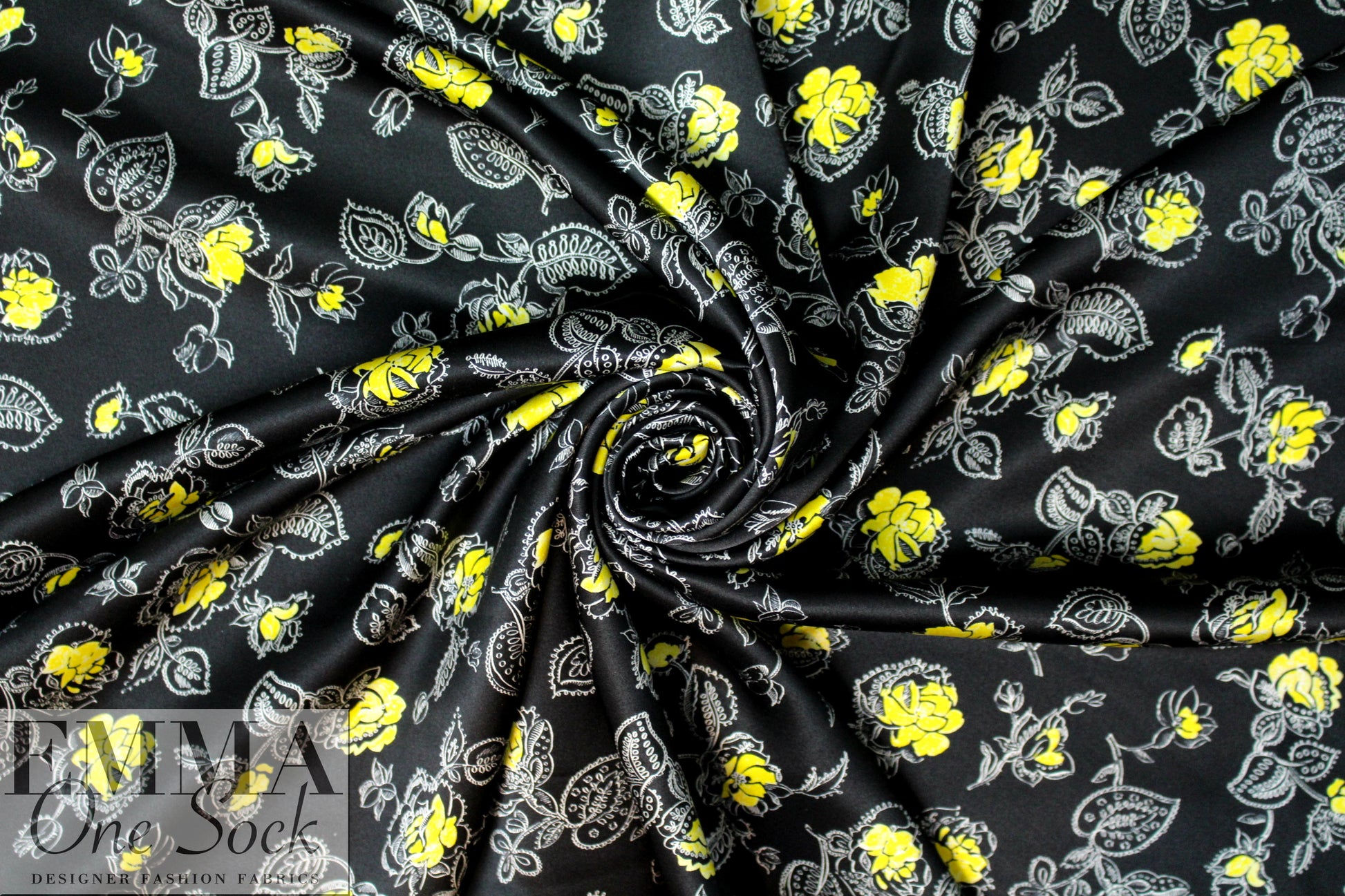 NY designer yellow flowers on black silk CDC 1.5 yd