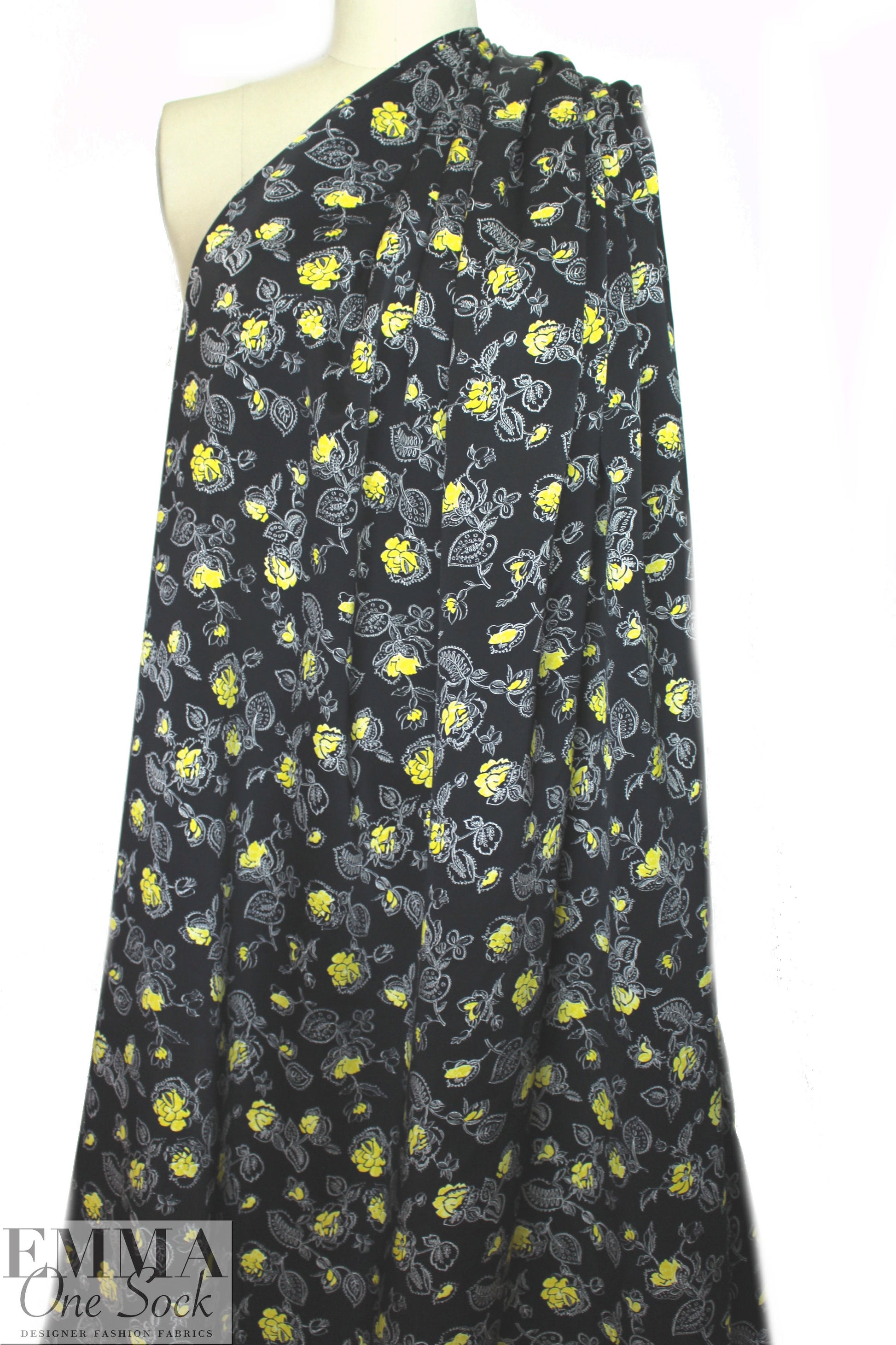 NY designer yellow flowers on black silk CDC 2.125 yd