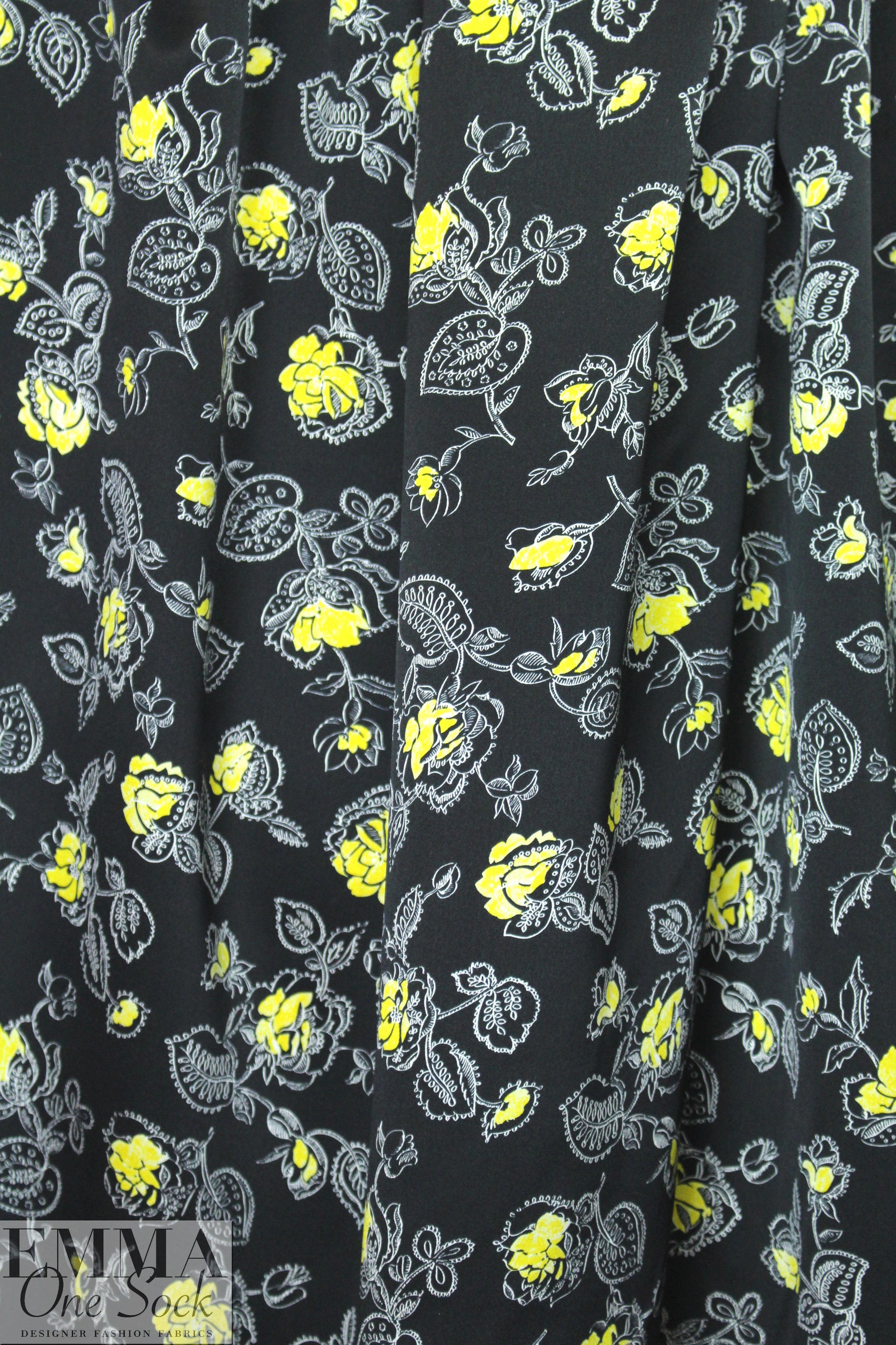 NY designer yellow flowers on black silk CDC 2.125 yd
