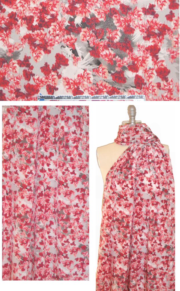 Italian lipstick/blush/gray floral silk crepe de chine
