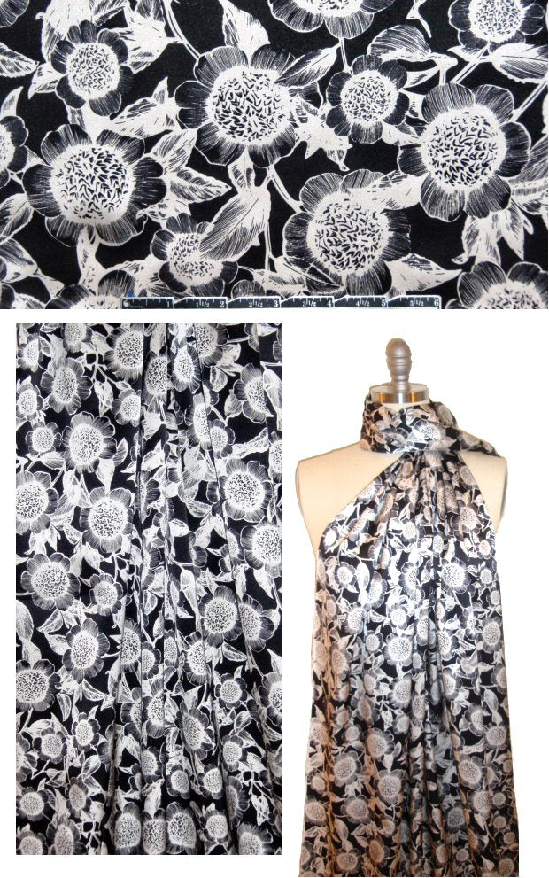 black and white flower printed silk charmeuse 1.375 yd
