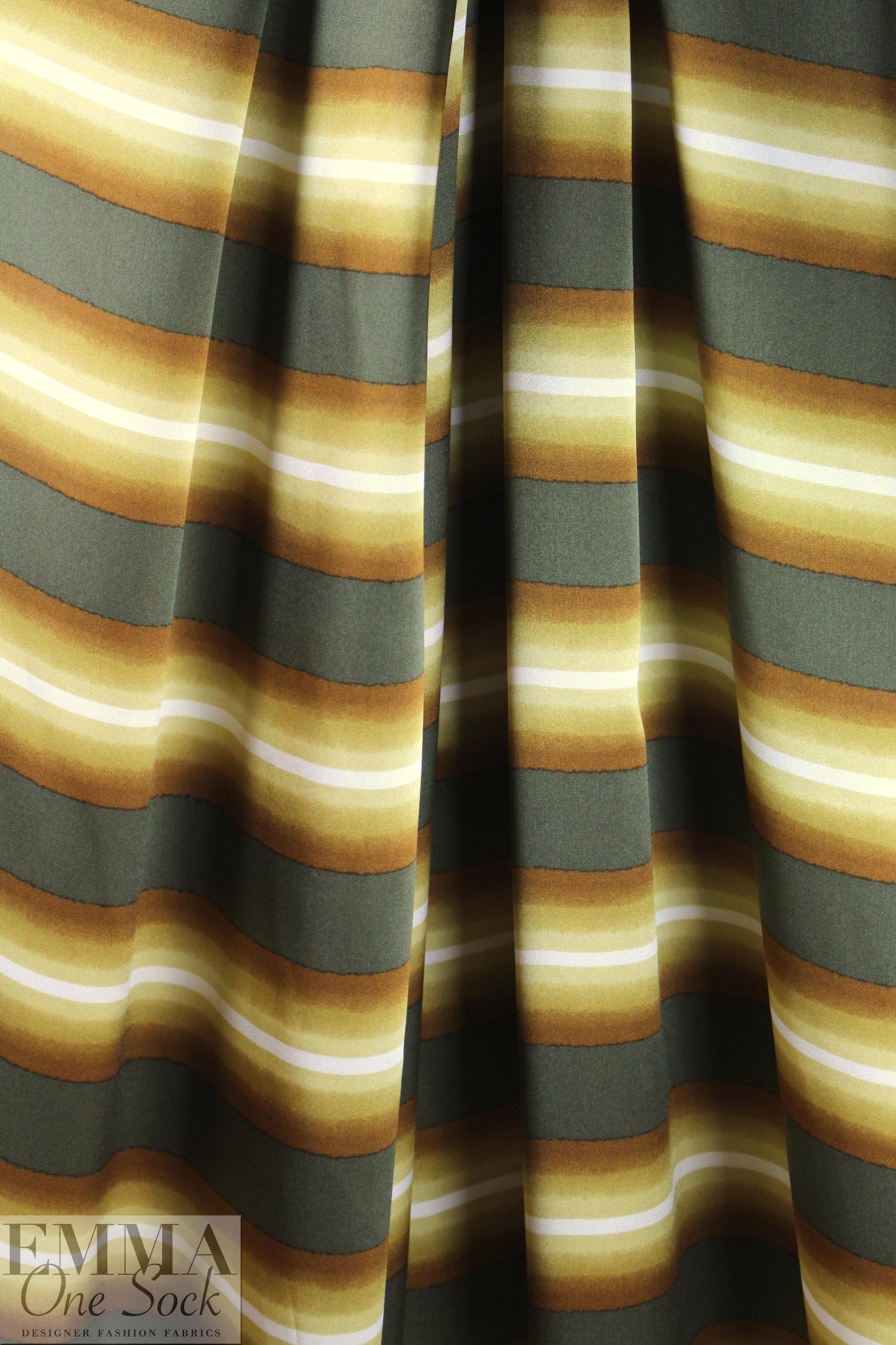 CA designer loden/shades of gold stripe silk charmeuse