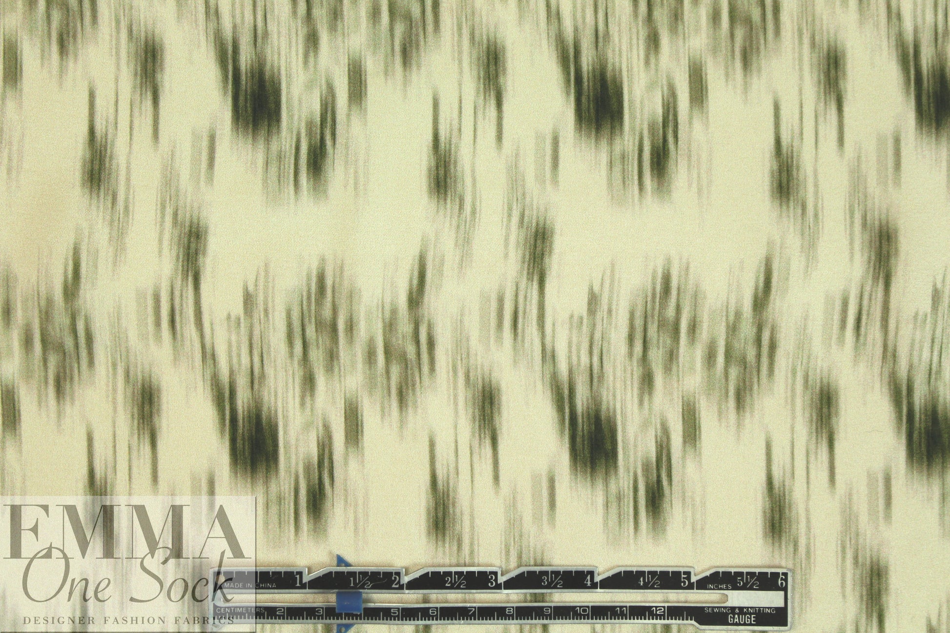 NY designer loden/ivory edgy abstract silk stretch charmeuse