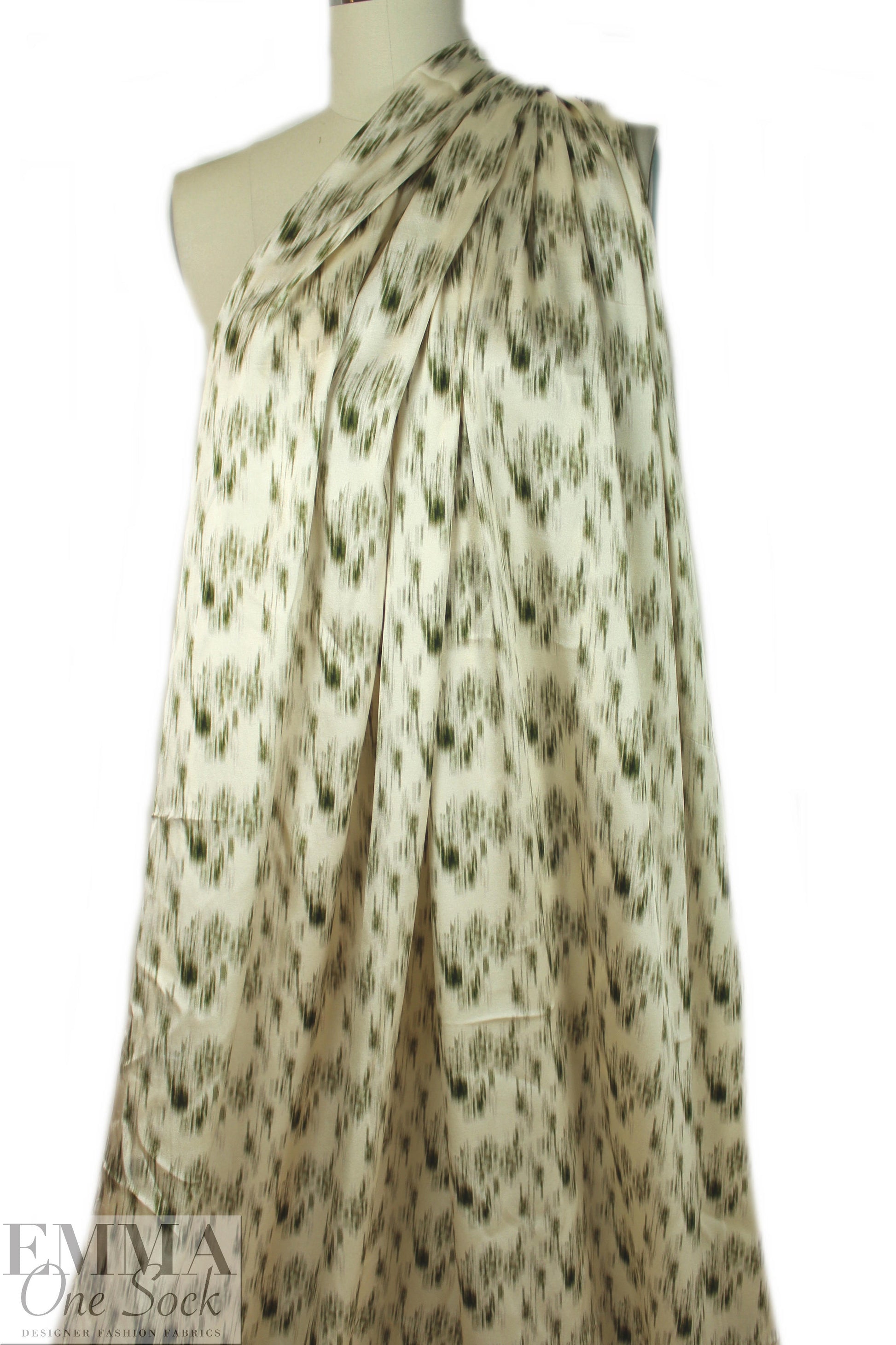 NY designer loden/ivory edgy abstract silk stretch charmeuse