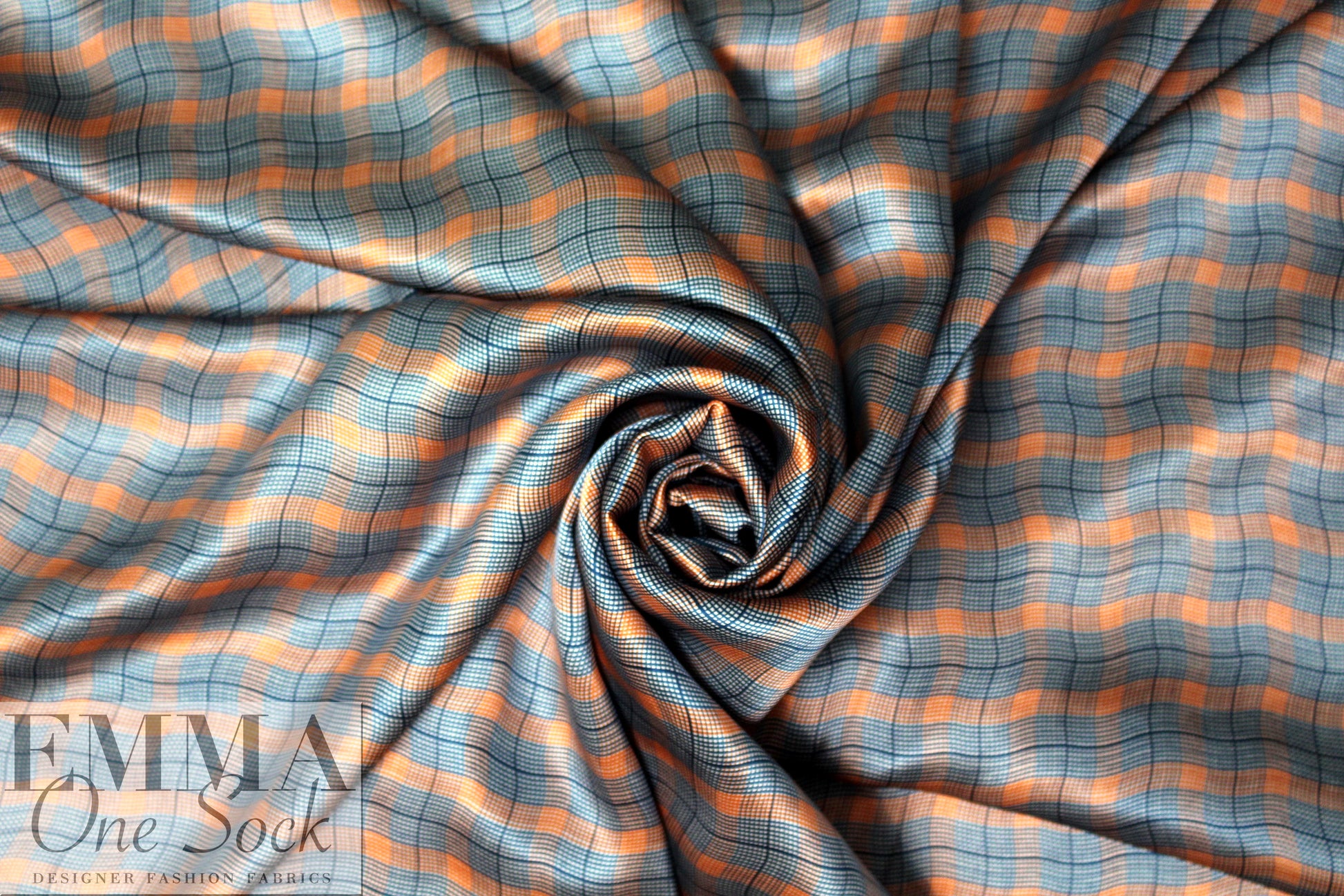 NY designer teal/tangerine wavy plaid silk charmeuse