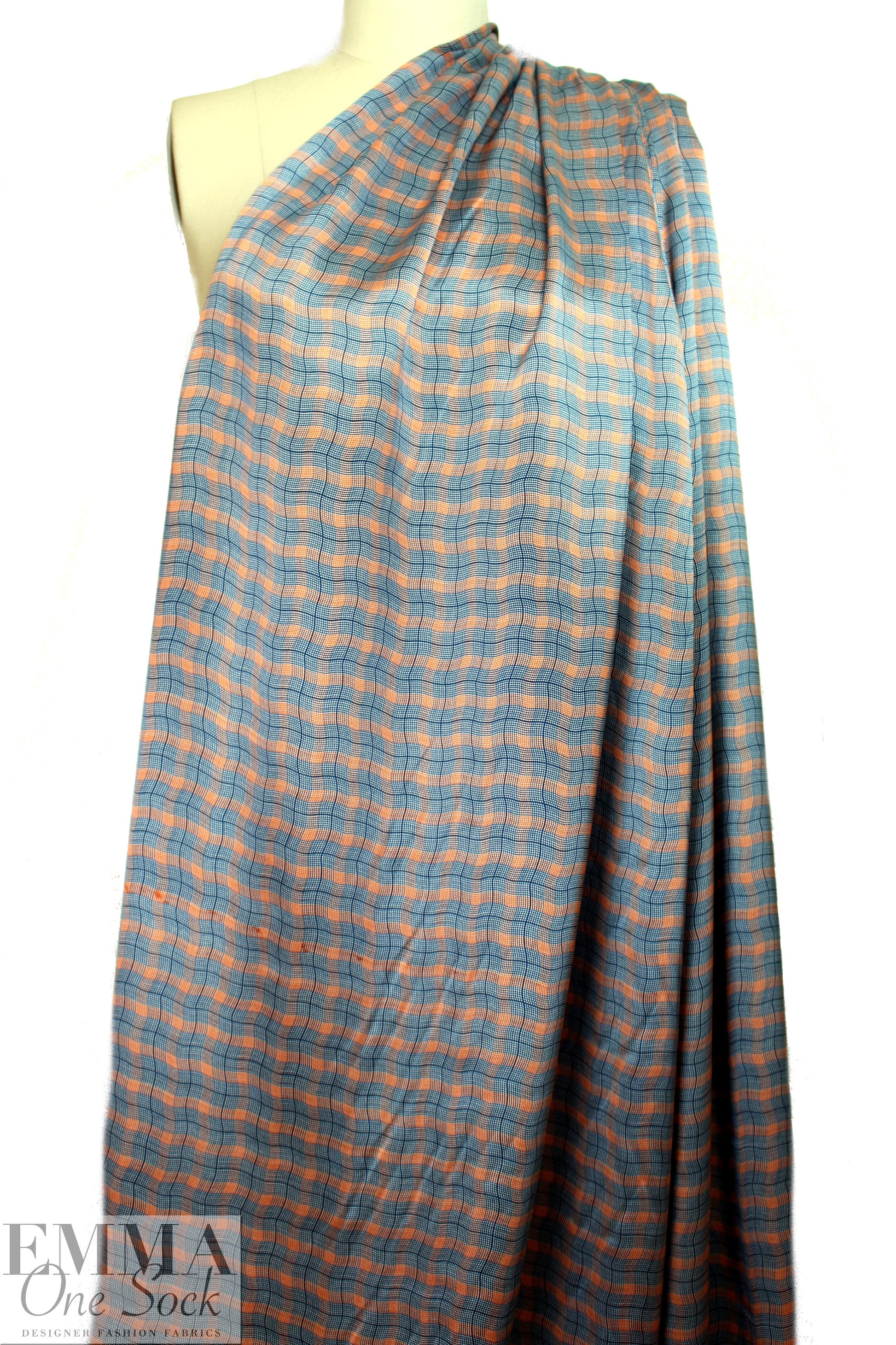 NY designer teal/tangerine wavy plaid silk charmeuse