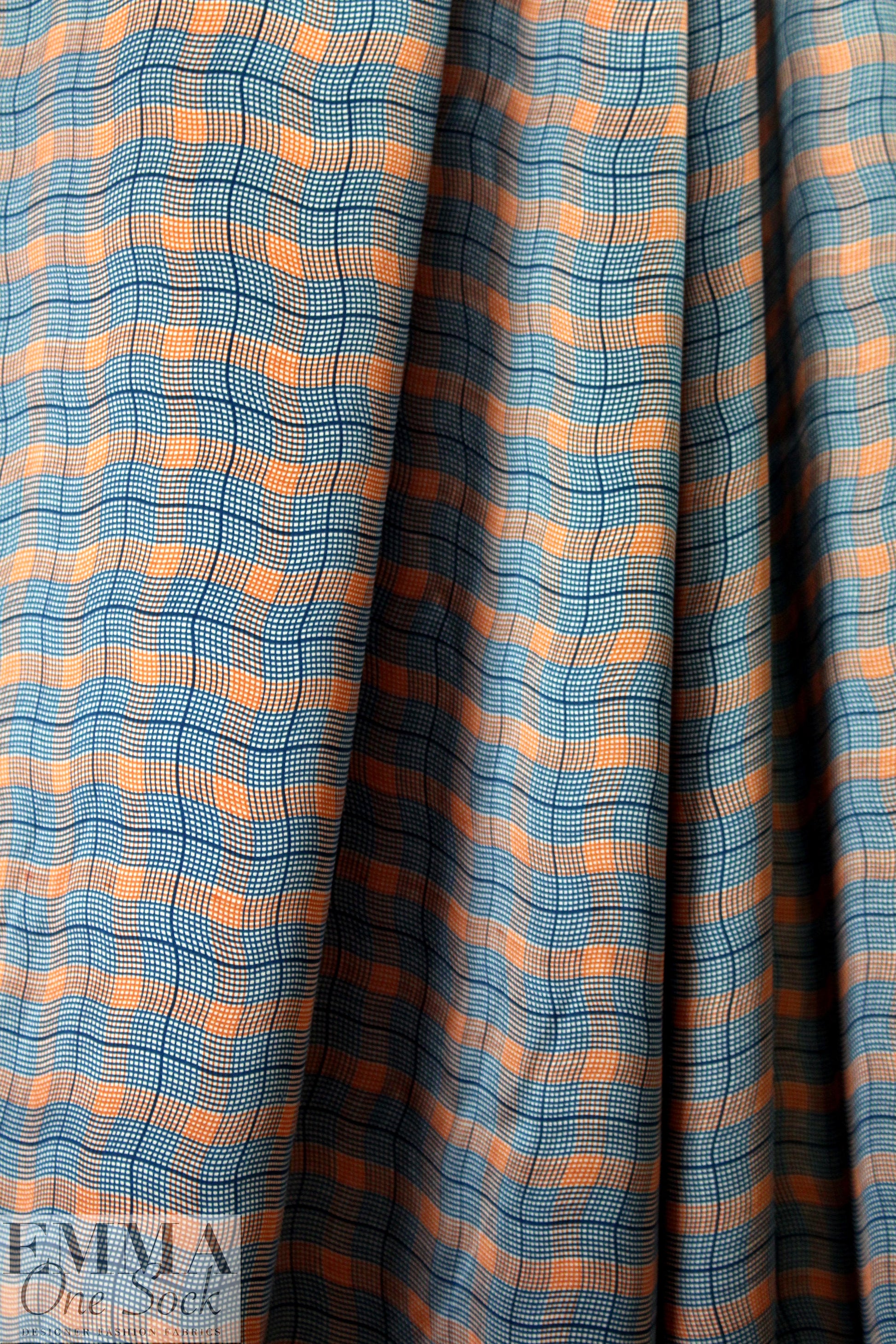 NY designer teal/tangerine wavy plaid silk charmeuse