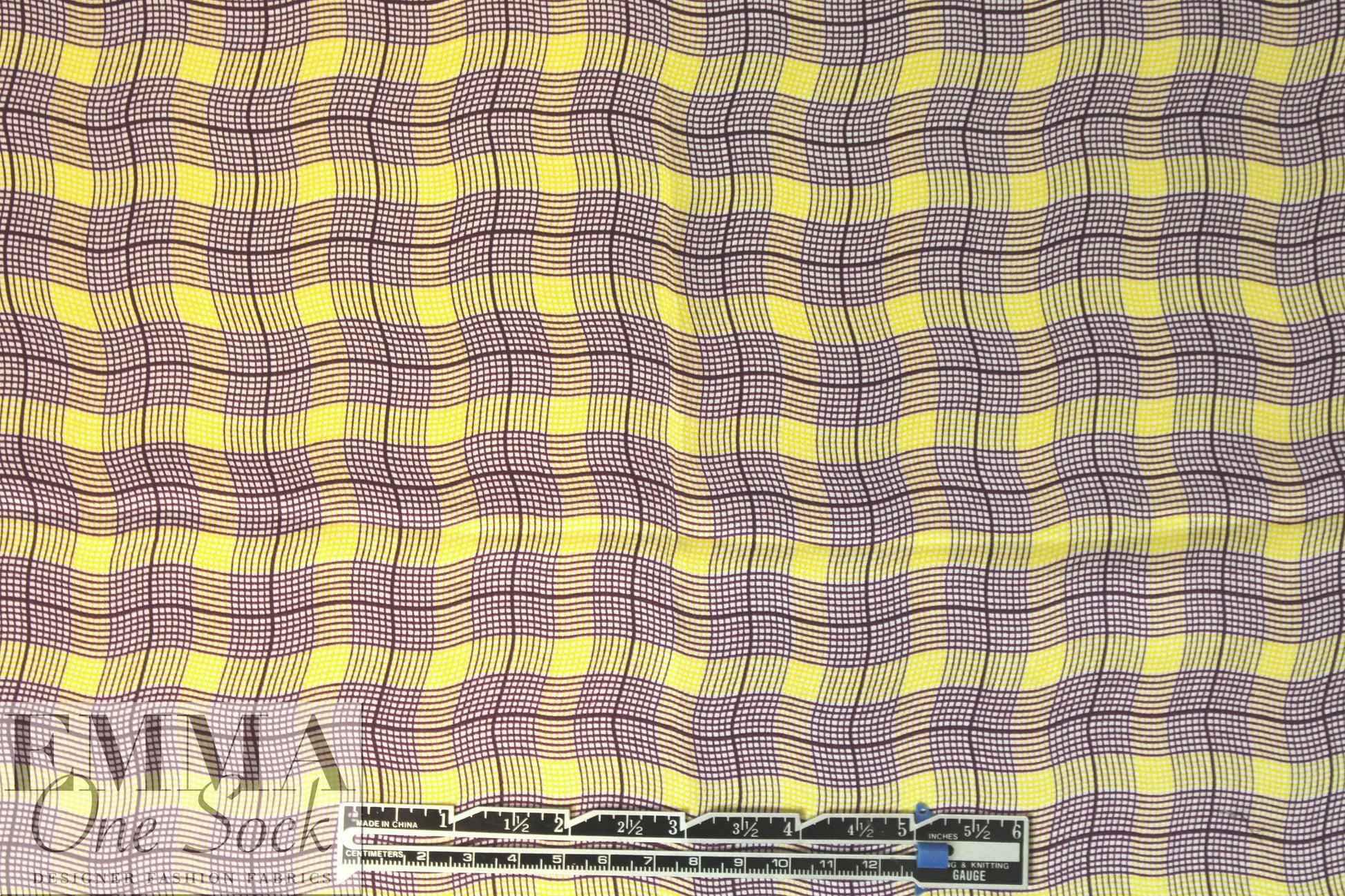 NY designer mulberry/lemon wavy plaid silk charmeuse