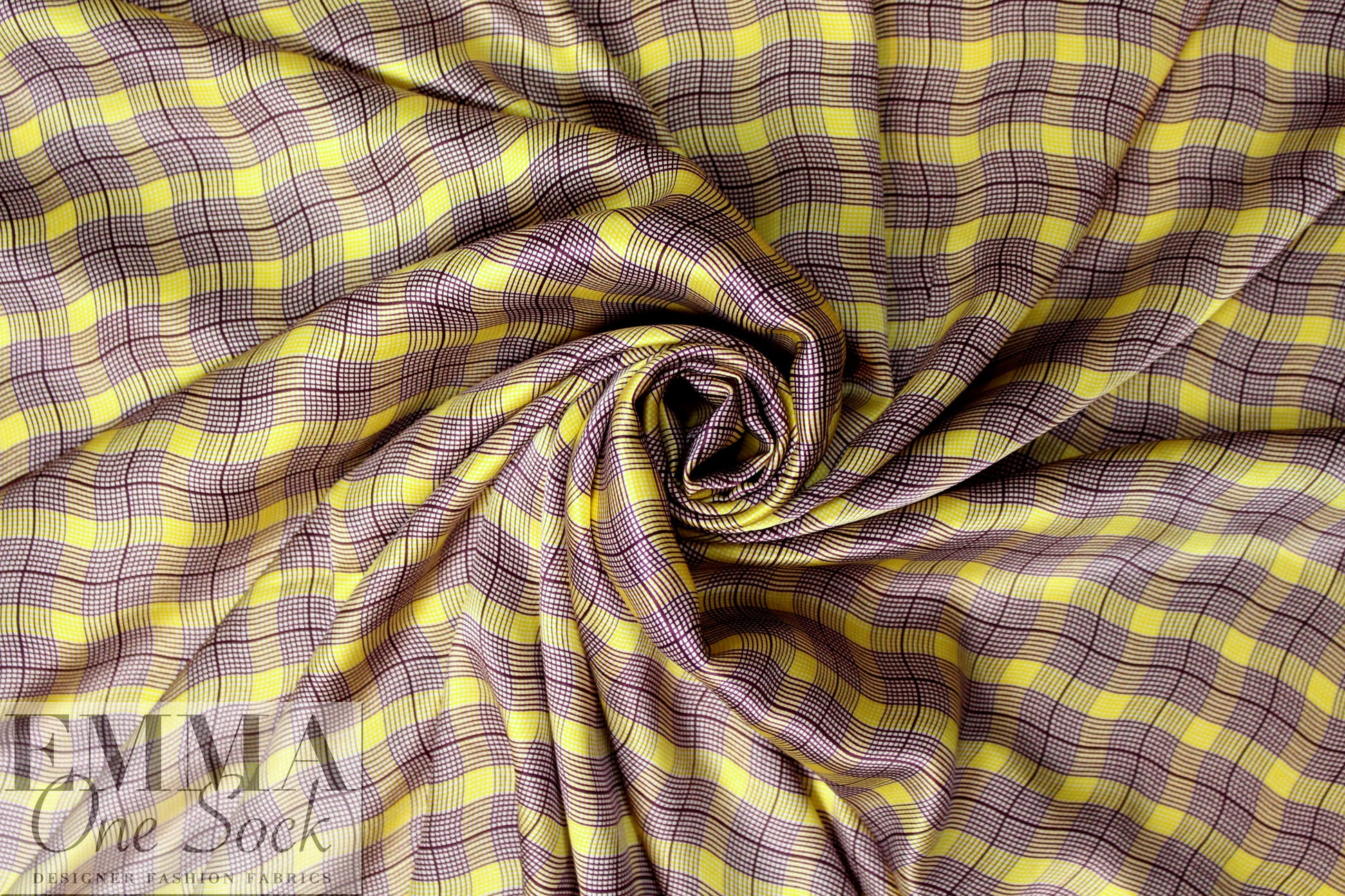 NY designer mulberry/lemon wavy plaid silk charmeuse 1.375 yd