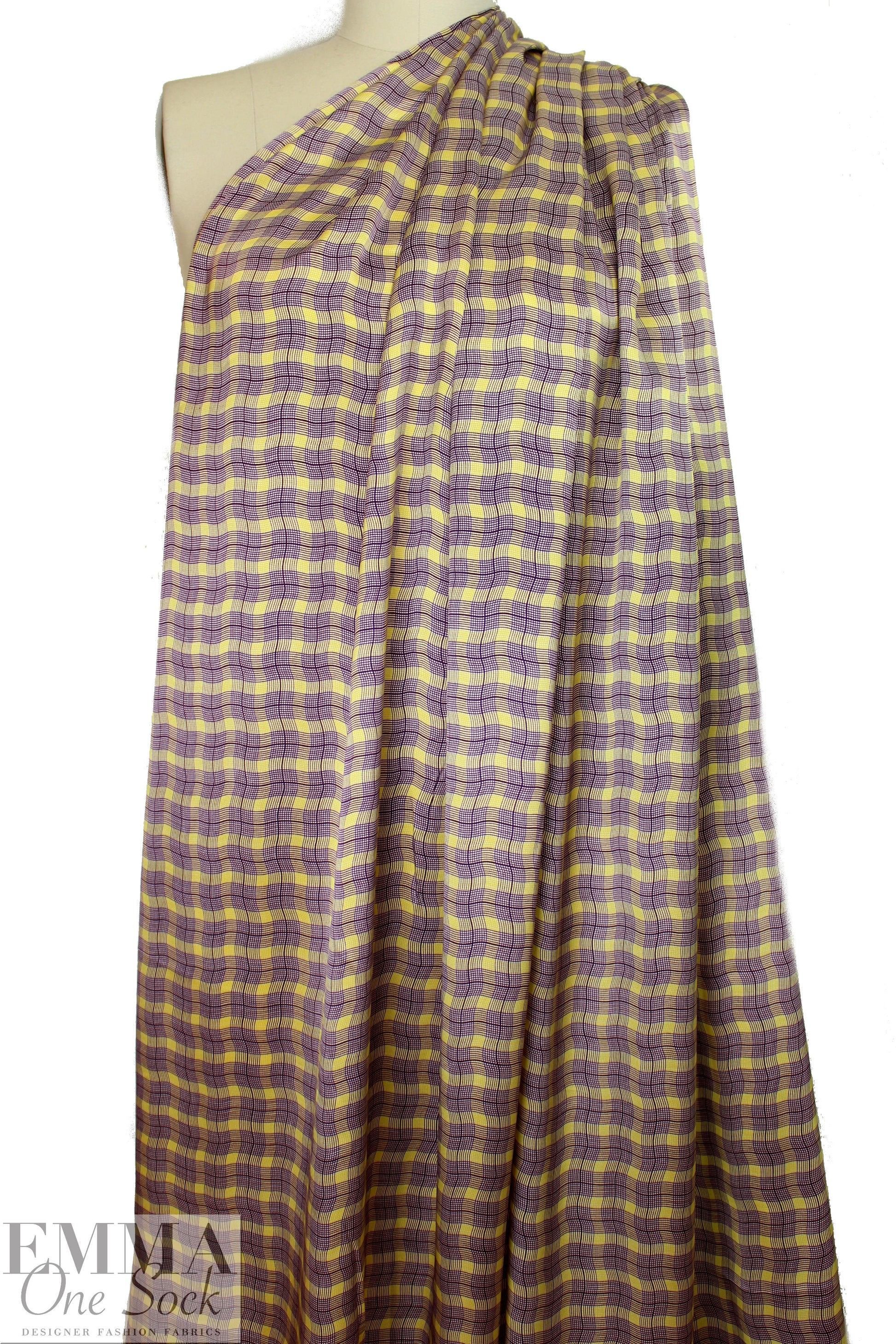 NY designer mulberry/lemon wavy plaid silk charmeuse 1.375 yd