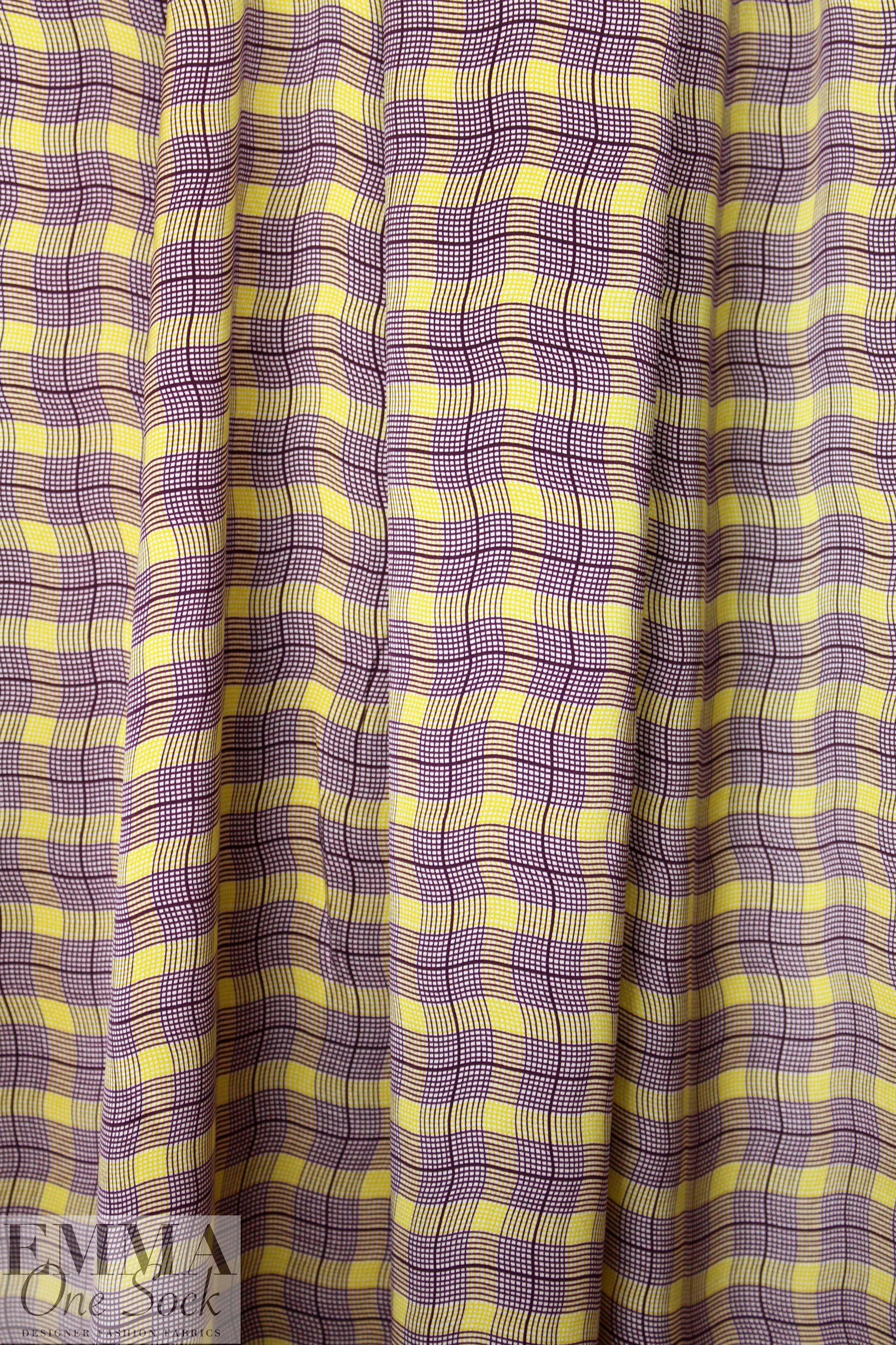 NY designer mulberry/lemon wavy plaid silk charmeuse .625 yds