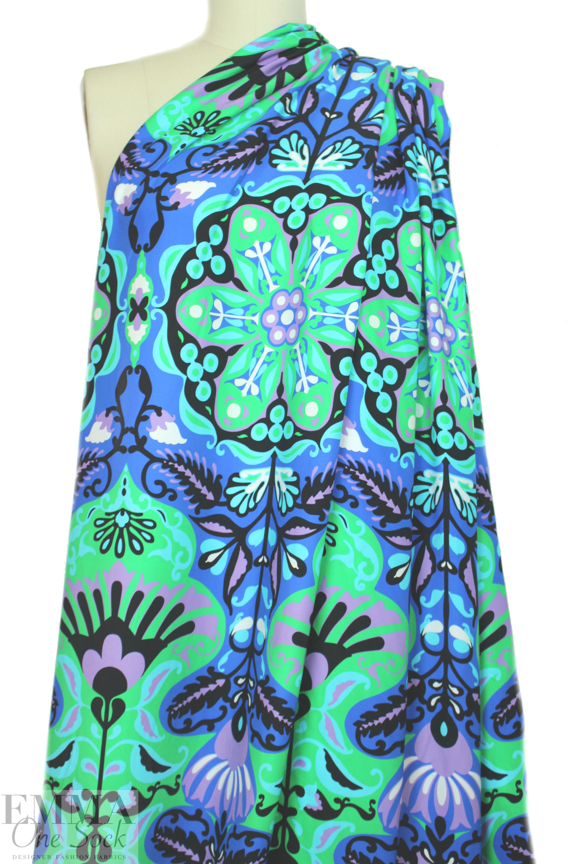 NY designer blue/green deco motif silk charmeuse