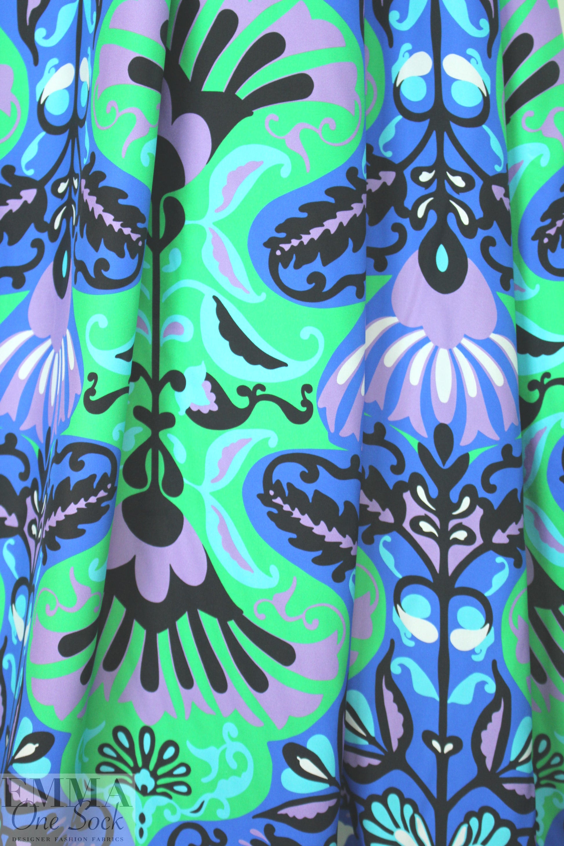 NY designer blue/green deco motif silk charmeuse 1.625 yds
