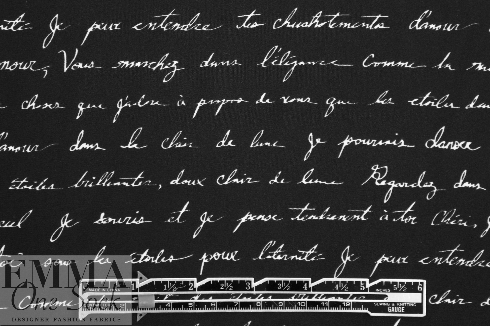Italian cream on black french script silk charmeuse 1 yard