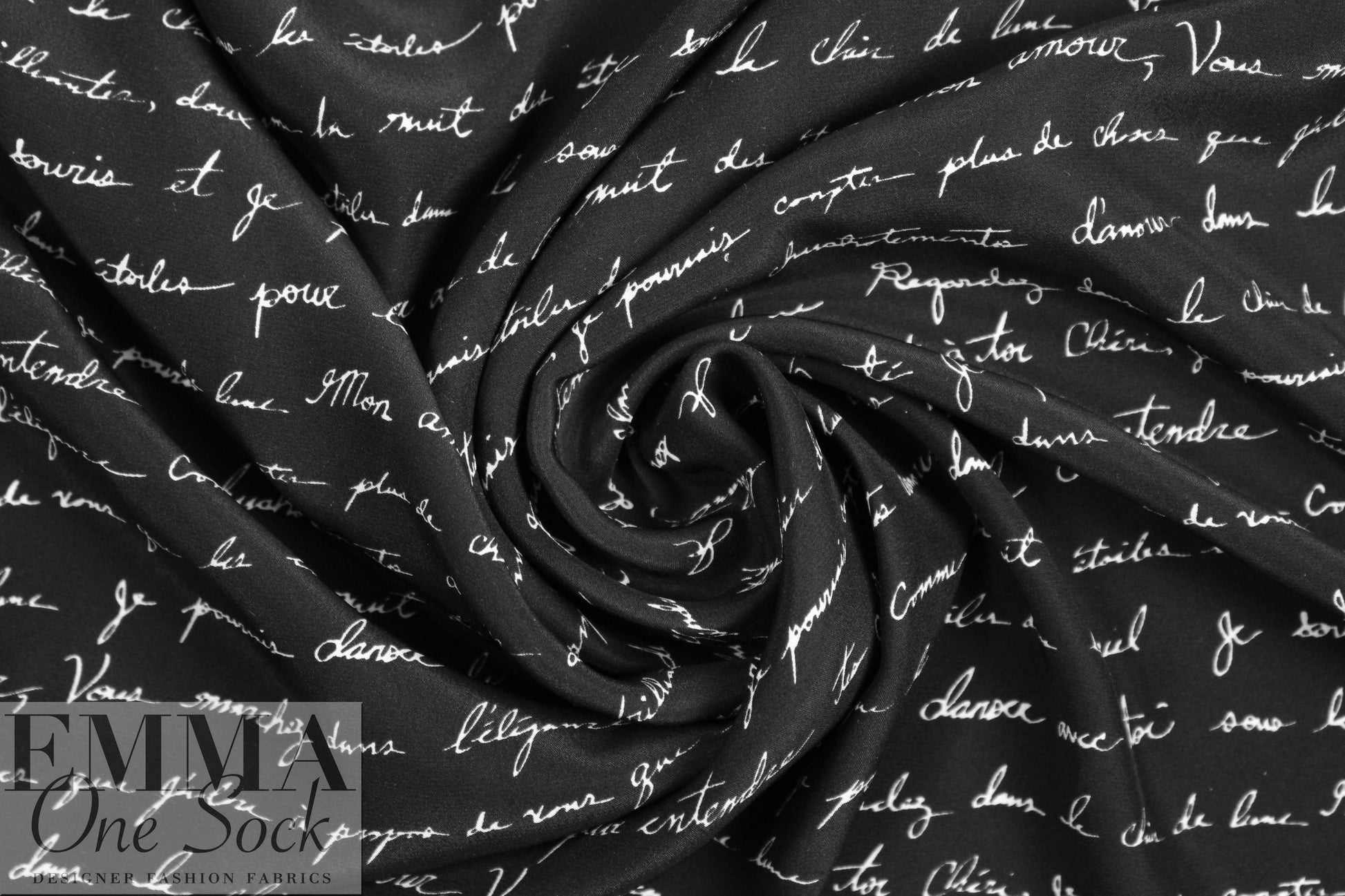Italian cream on black french script silk charmeuse