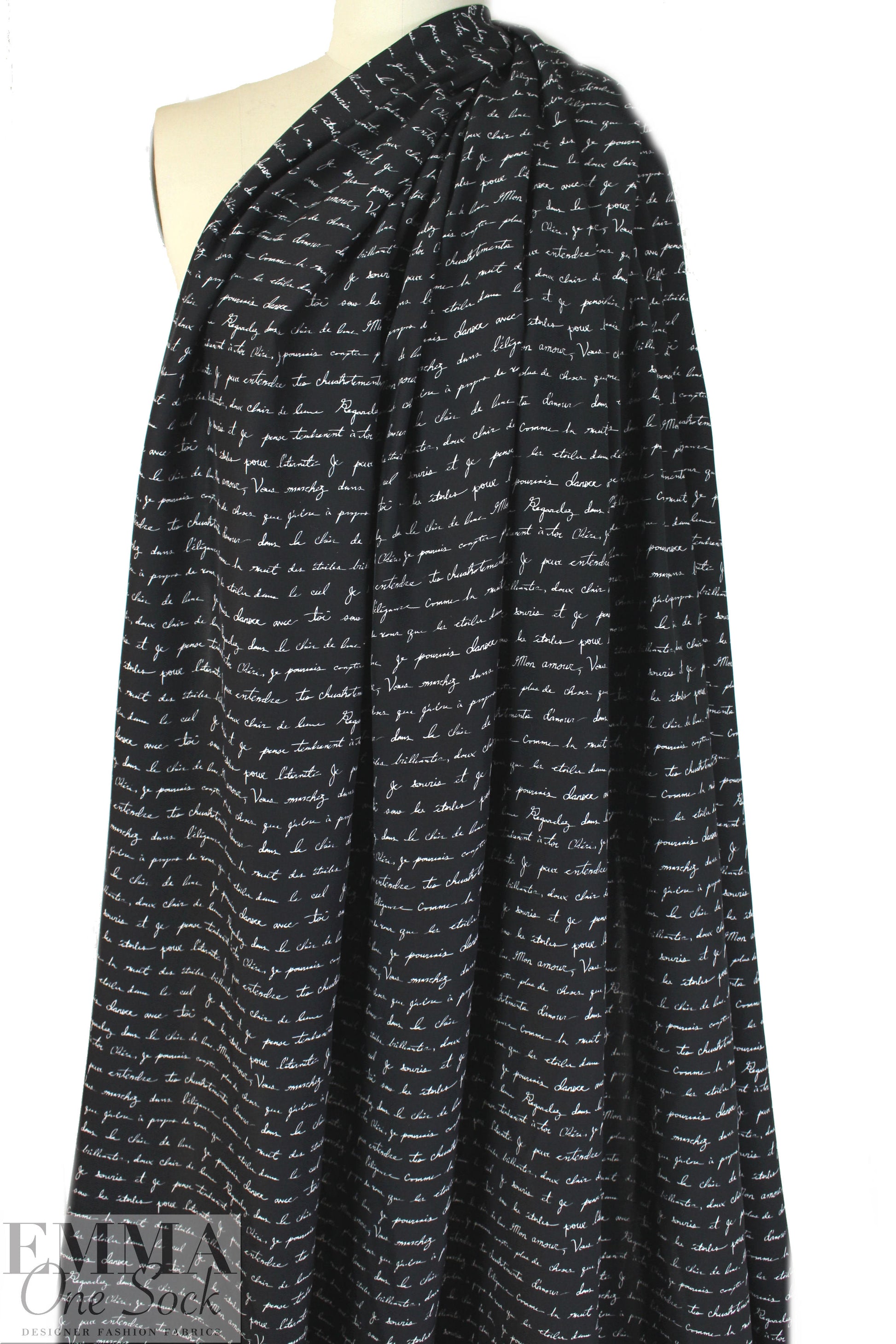 Italian cream on black french script silk charmeuse 1 yard