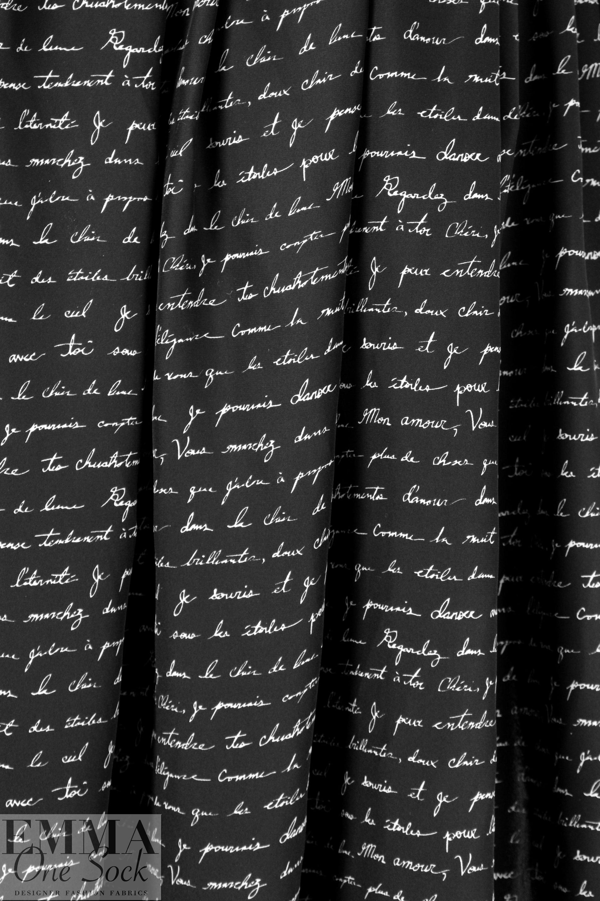 Italian cream on black french script silk charmeuse