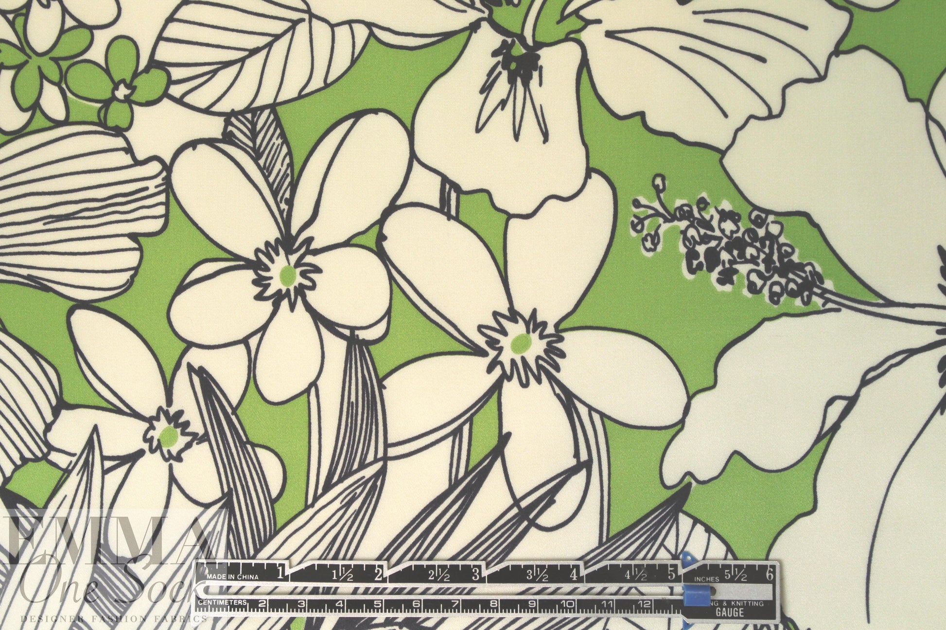 Italian decorative floral silk charmeuse - light lime/ivory 1.375 yds