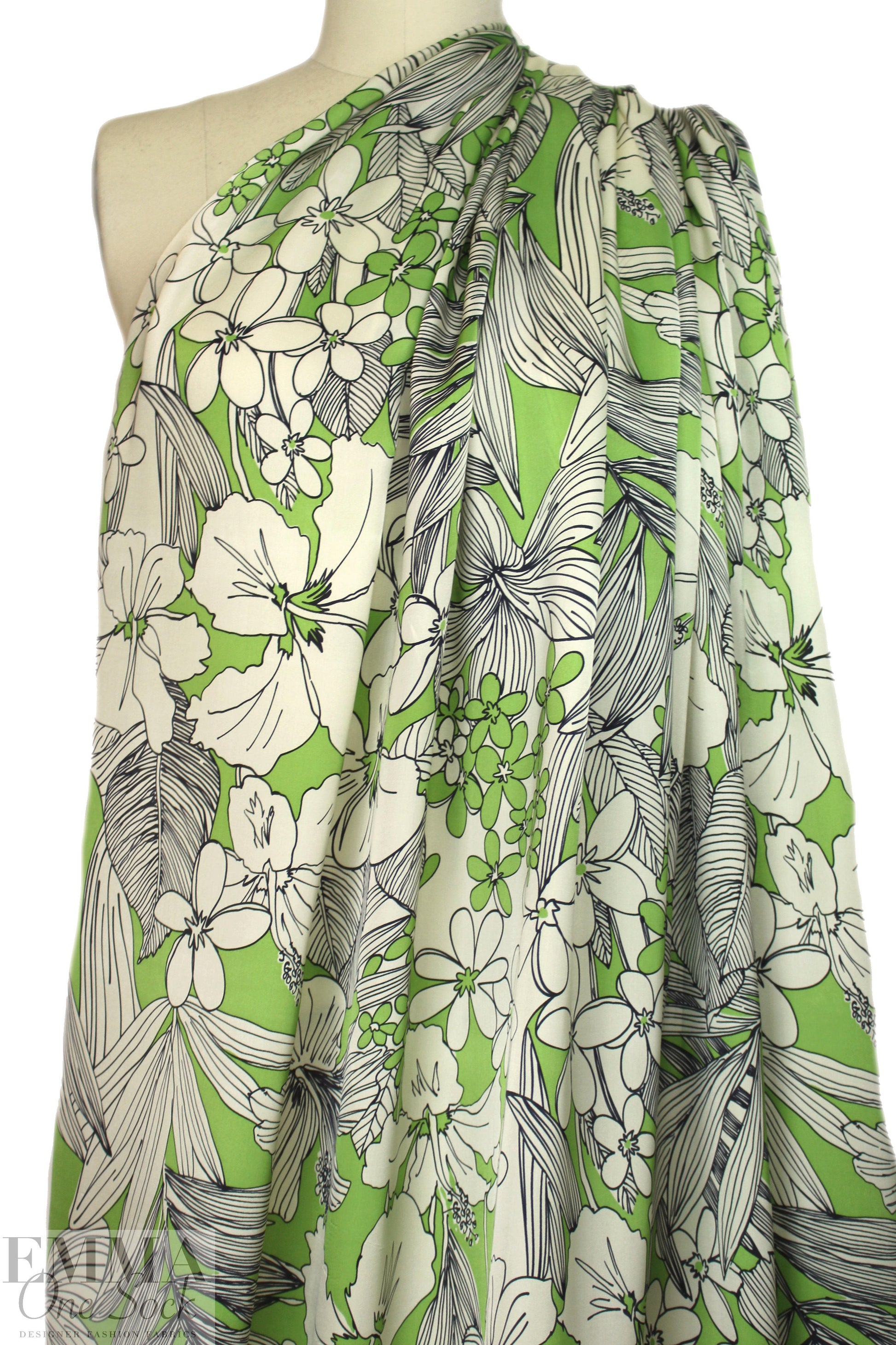 Italian decorative floral silk charmeuse - light lime/ivory
