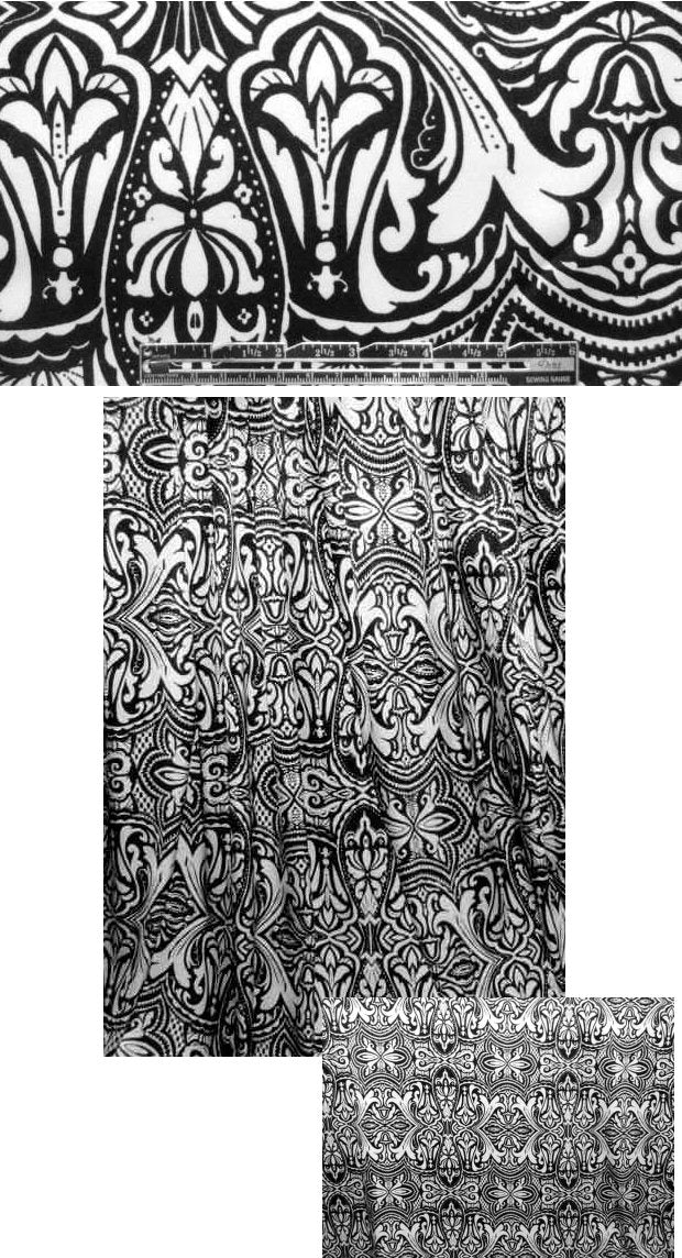 Sun0 black/white scroll stretch silk charmeuse 1.25 yd