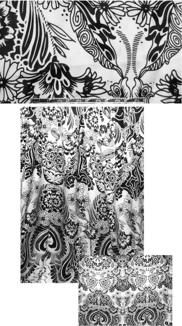 Sun0 black/white floral scrollwork silk charmeuse 1.25 yd