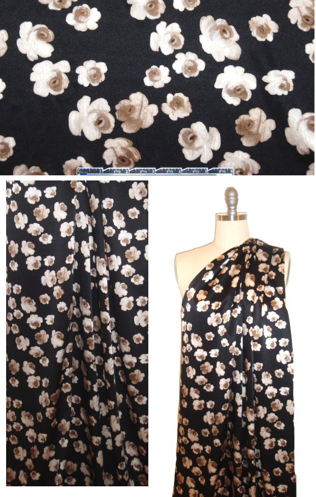 NY designer beige/black floral silk charmeuse
