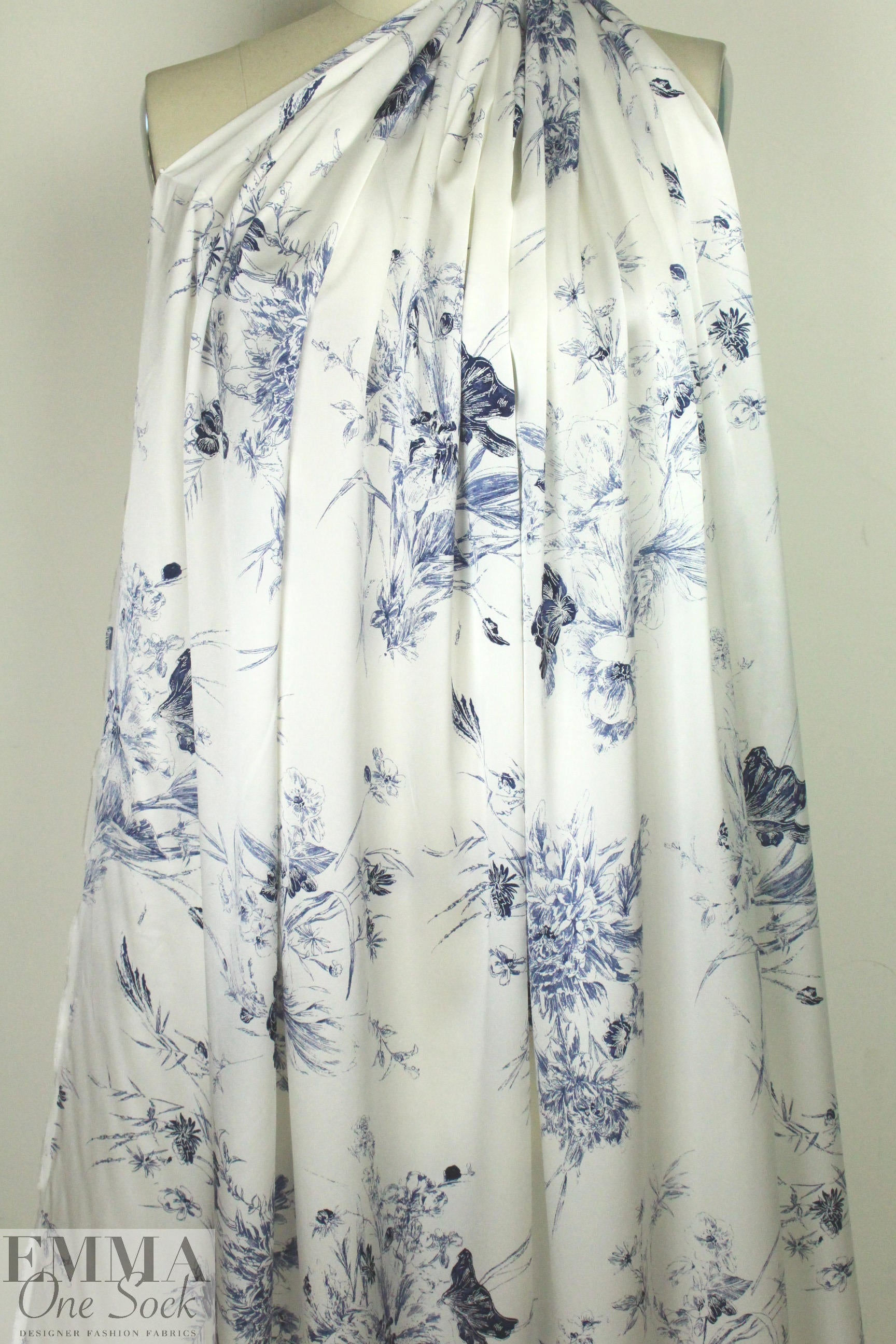 NY designer delicate blue floral silk charmeuse