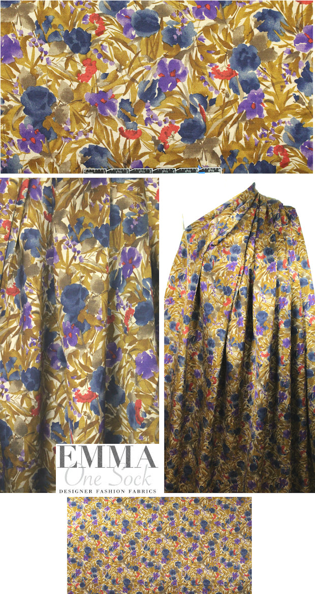 Italian bronze/blue floral silk/wool satin woven 1 yard