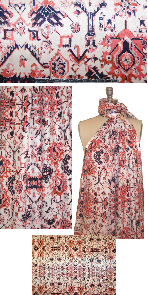 NY designer coral/navy rug graphic silk charmeuse