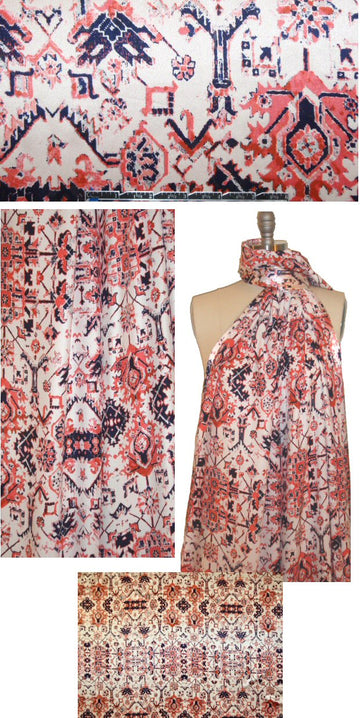 NY designer coral/navy rug graphic silk charmeuse