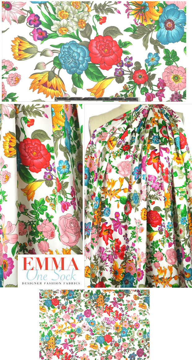 vivid garden delights on white silk charmeuse