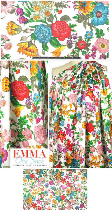 vivid garden delights on white silk charmeuse